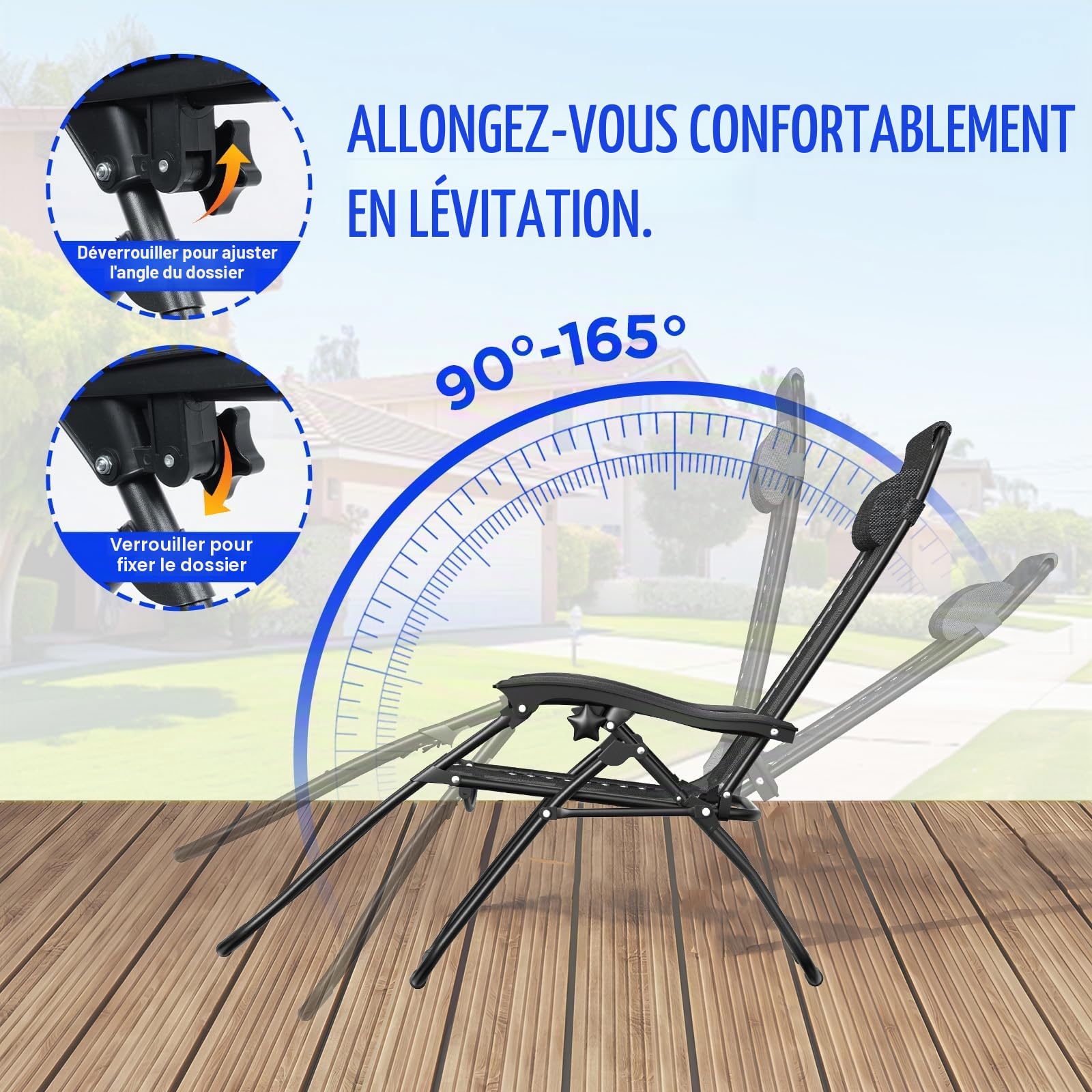Fauteuil Relax avec Poche Latérale, Chaise Longue Pliable Extra Large en Textilène, Multiposition avec Dossier Réglable et Accoudoirs, Transat Portable Zéro Gravité pour Jardin-Plage-Camping, Noir