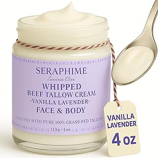 Whipped Beef Tallow for Skin Care, Organic Pure Grass Fed Beef Tallow Moisturizer Cream for Face & Body Lotion, Cow Tallow with Niacinamide, Shea Butter & Aloe, Vanilla Lavender 4oz