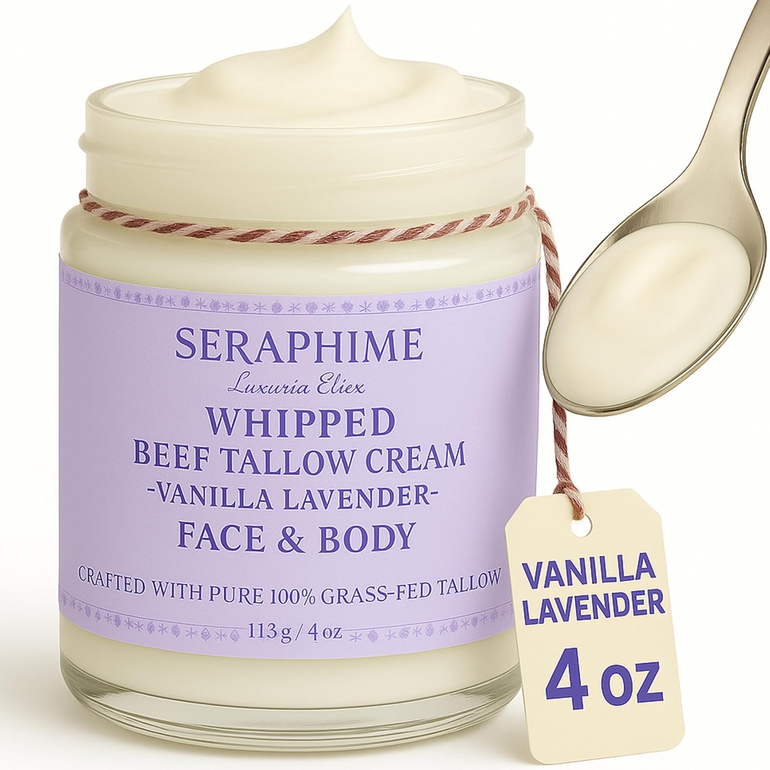 Whipped Beef Tallow for Skin Care, Organic Pure Grass Fed Beef Tallow Moisturizer Cream for Face & Body Lotion, Cow Tallow with Niacinamide, Shea Butter & Aloe, Vanilla Lavender 4oz