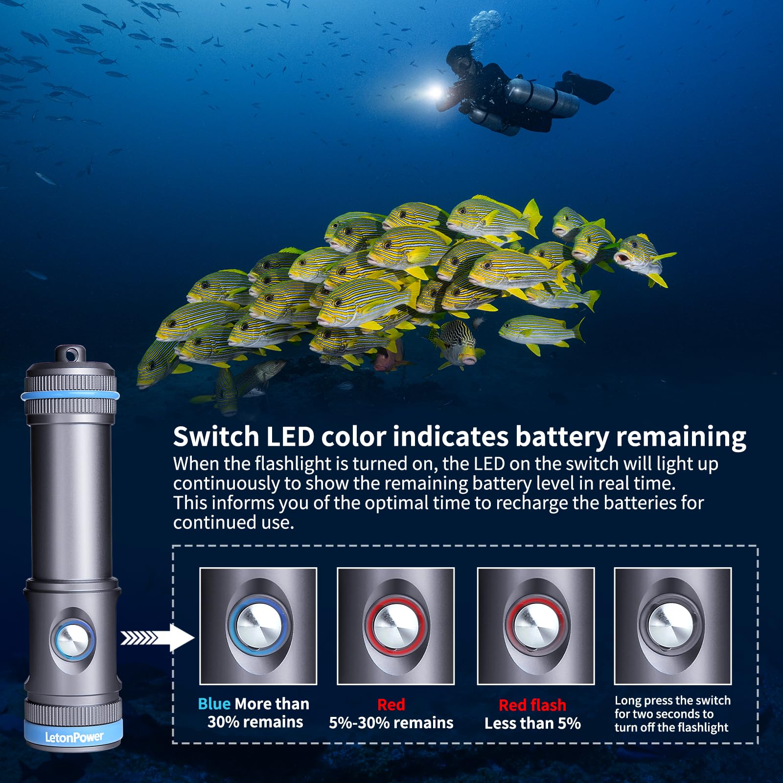 Tynny-13FD 2200 Lumen Tauchlicht für Unterwasserfotografie Fülllicht, 100M Wasserdichtes Kompaktes Unterwasser-Video-Licht, 110-Grad breiter Strahl mit Typ-C Aufladung Tauchen Video Licht