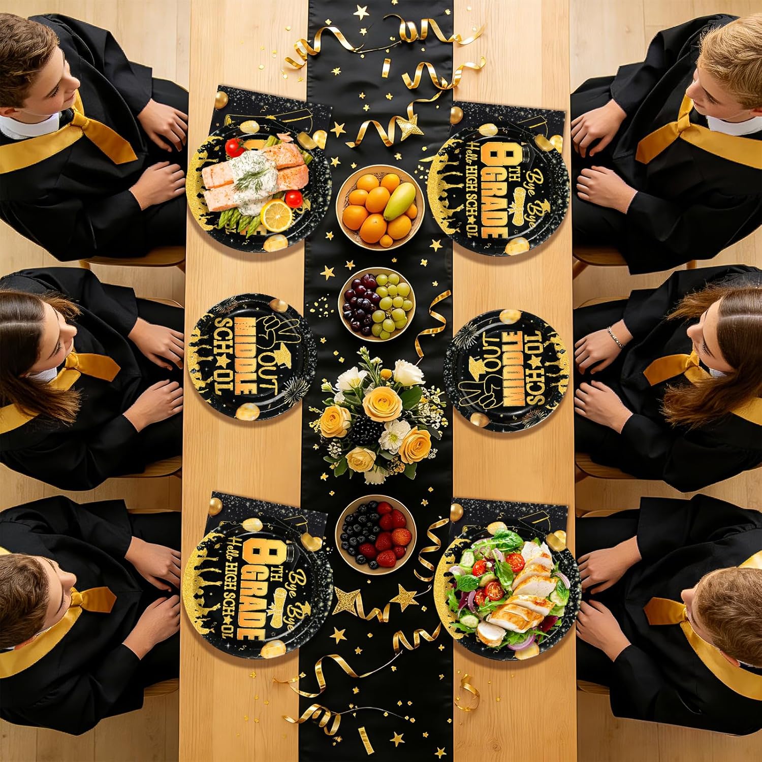 200 Pcs 8th Grade Graduation Party Decorations Bye Bye 8th Grade Hello High School Plates and Napkins Disposable Black and Gold Tableware Set for Middle School Graduation Party Supplies , Serves 50