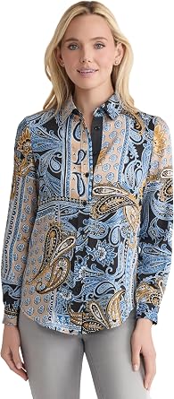 Jones New York Womens Long Sleeve Printed Satin Button Front Shirt