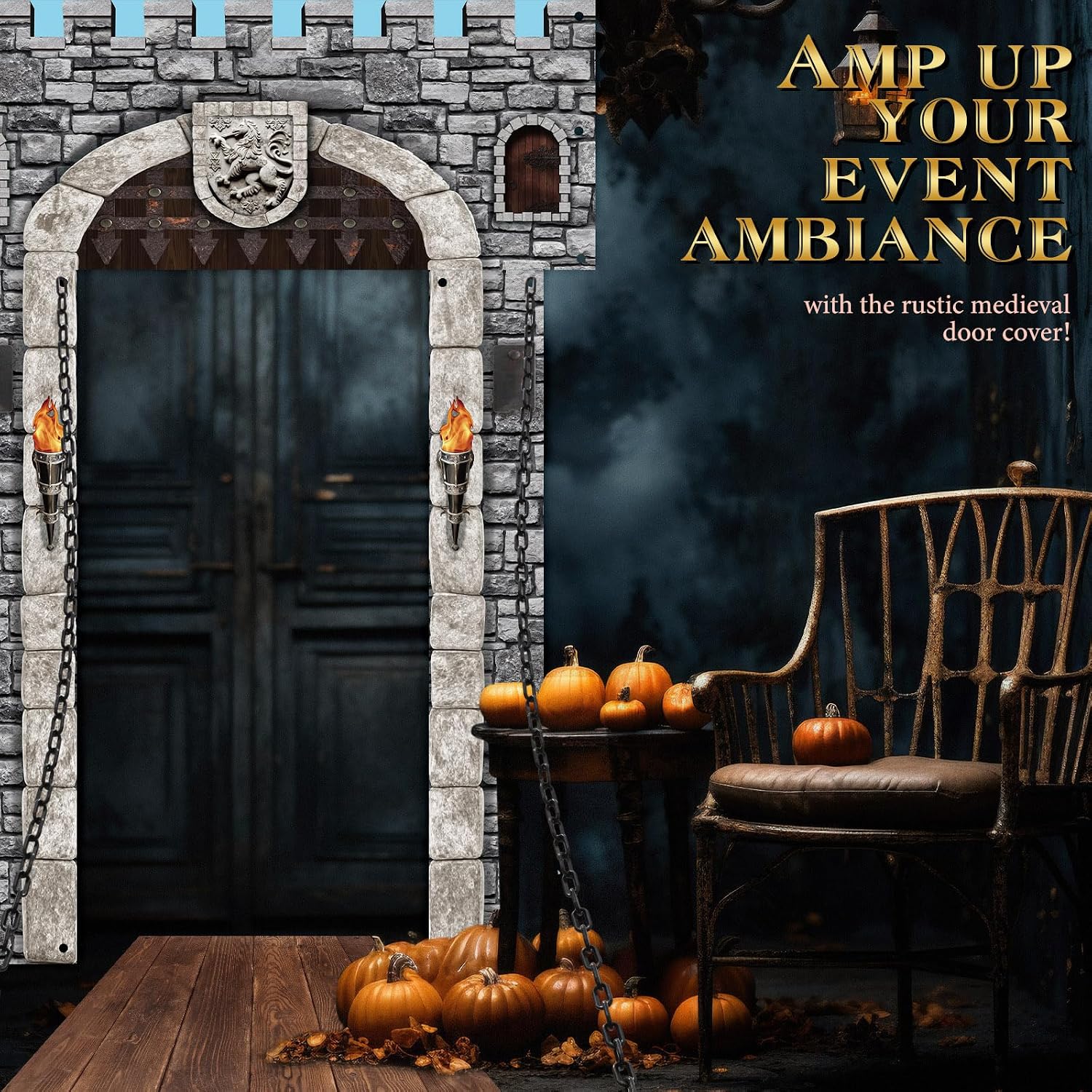 Jingmore 12 Pcs 70 Inch 3D Medieval Party Decorations Medieval Castle Door Cover Castle Backdrop Enchanted Entrance Ground Stereo Chain Decorations Door Windows Props Banner Pirate Vampire Party