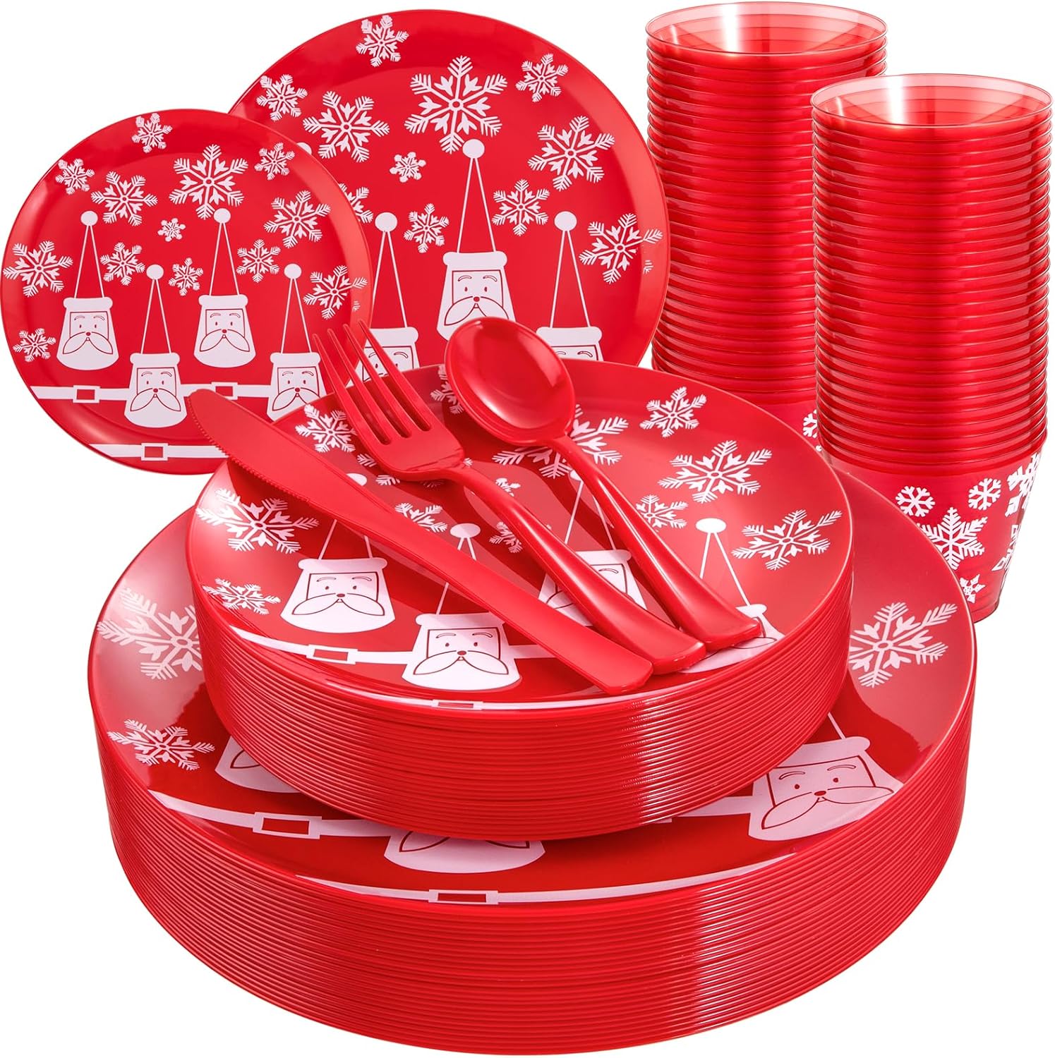 KIRE 150PCS Christmas Plastic Plates Dinnerware Santa