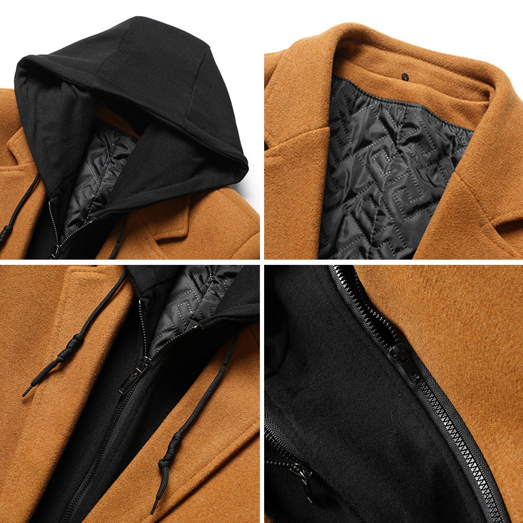 Trench lungo da uomo in misto lana con cappuccio, soprabito invernale casual e caldo