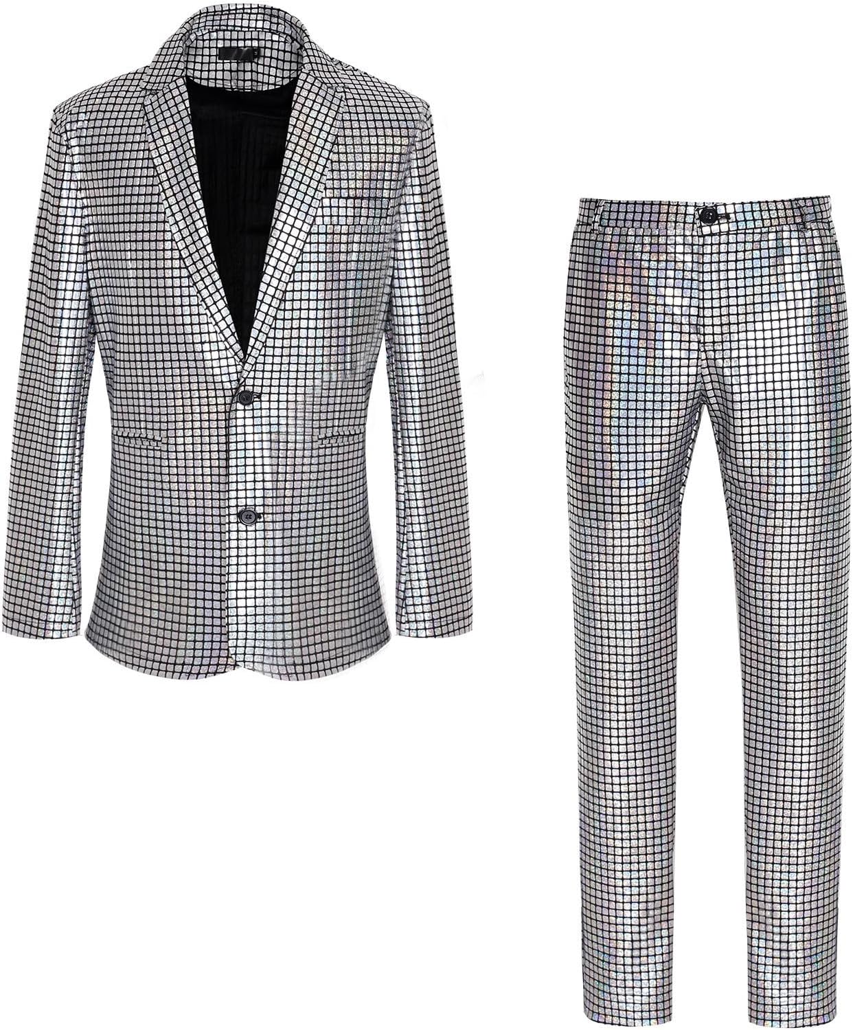 Men's 2 Piece Suit Disco Set Jacket and Pants with Glitters Elegant Metallic Suits with Shiny Sequins for Disco Ball Party Carnival