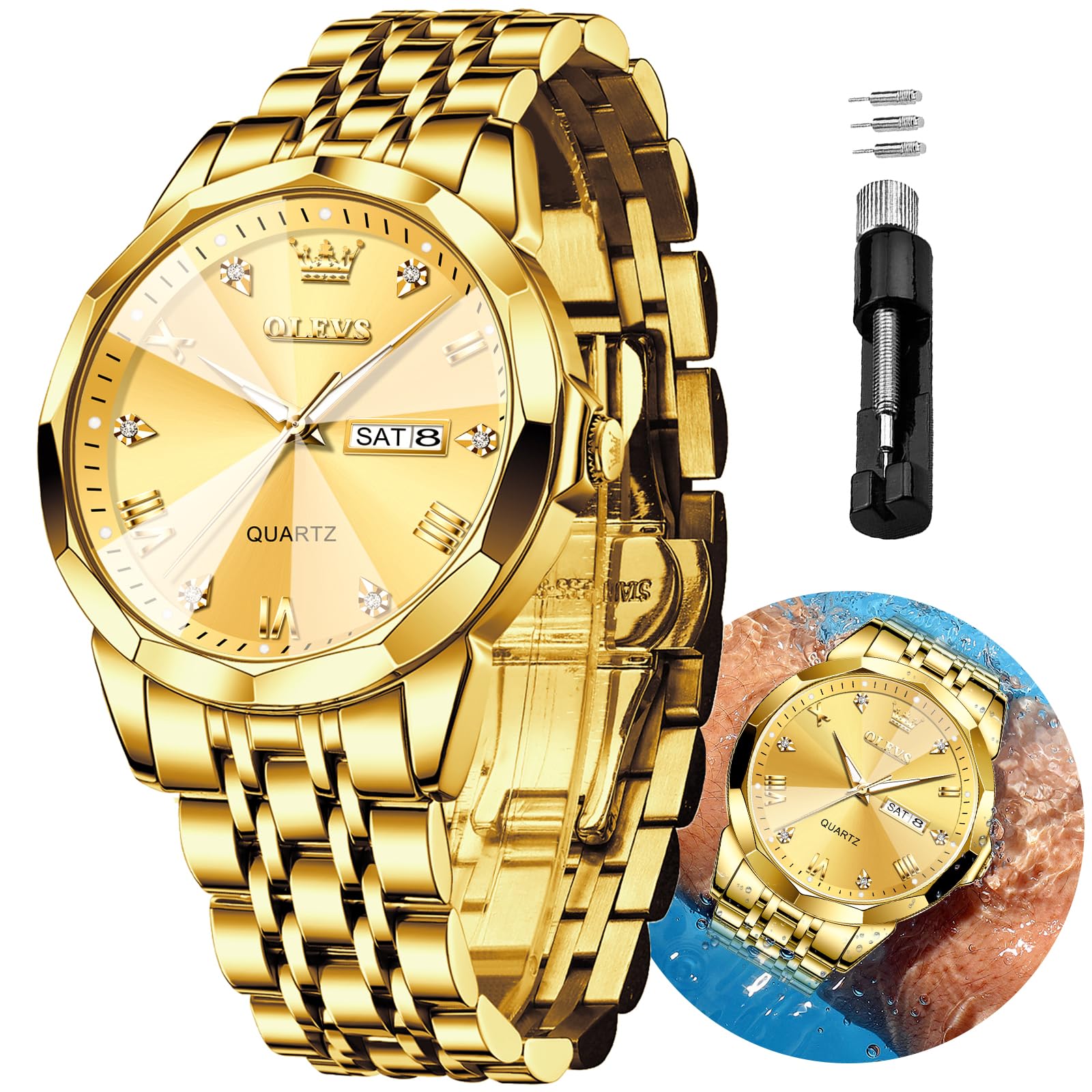 Original Men's Diamond Watch Analog Quartz Stainless Steel Calendar Business Dress Watch with Luminous Waterproof Casual Wristwatch