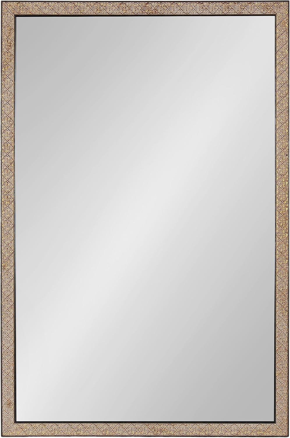 Kate and Laurel Soniva Traditional Rectangle Wall Mirror; 24 x 36; Gold; Global Framed Rectangular Statement Bathroom Vanity Mirror with Embossed Ornate Texture