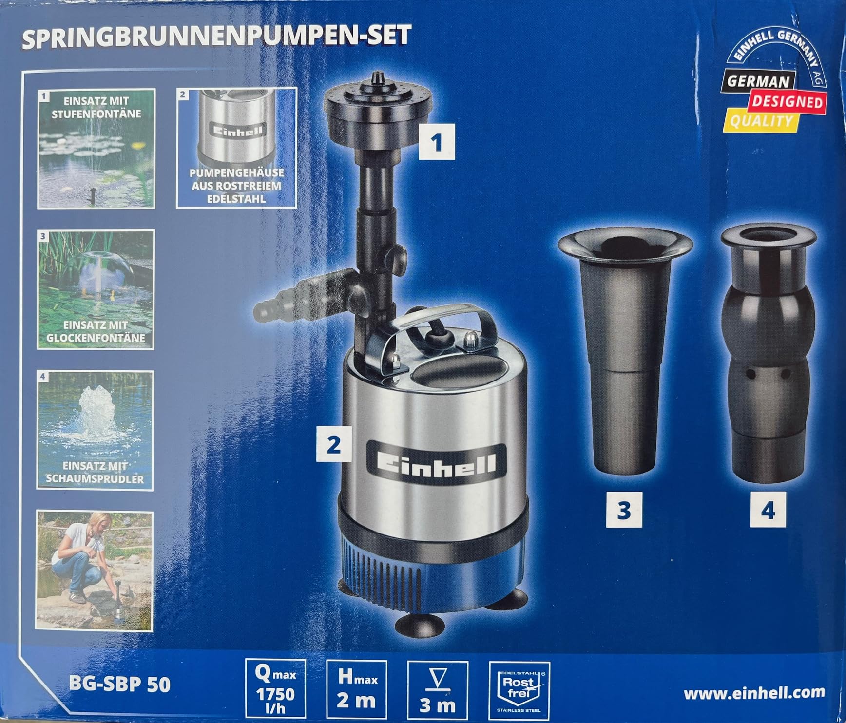 Einhell BG-PP 1750 N Springbrunnenpumpe (sauberes Wasser, Höhe (m): 2, Durchflussmenge (l/h): 1750, Temp max: 35, Tiefe (m): 3, Kabel (m): 10