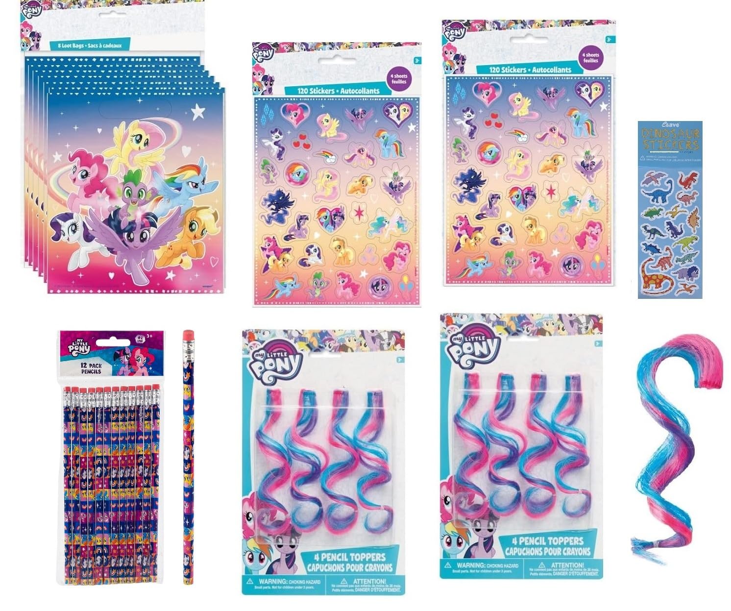 My Little Pony Birthday Party Supplies Favor Bundle Set includes 8 Loot Bags, 8 Pony Stickers Sheets, 8Pencils, 8 PencilTopper, 1 Dinosaur Sticker