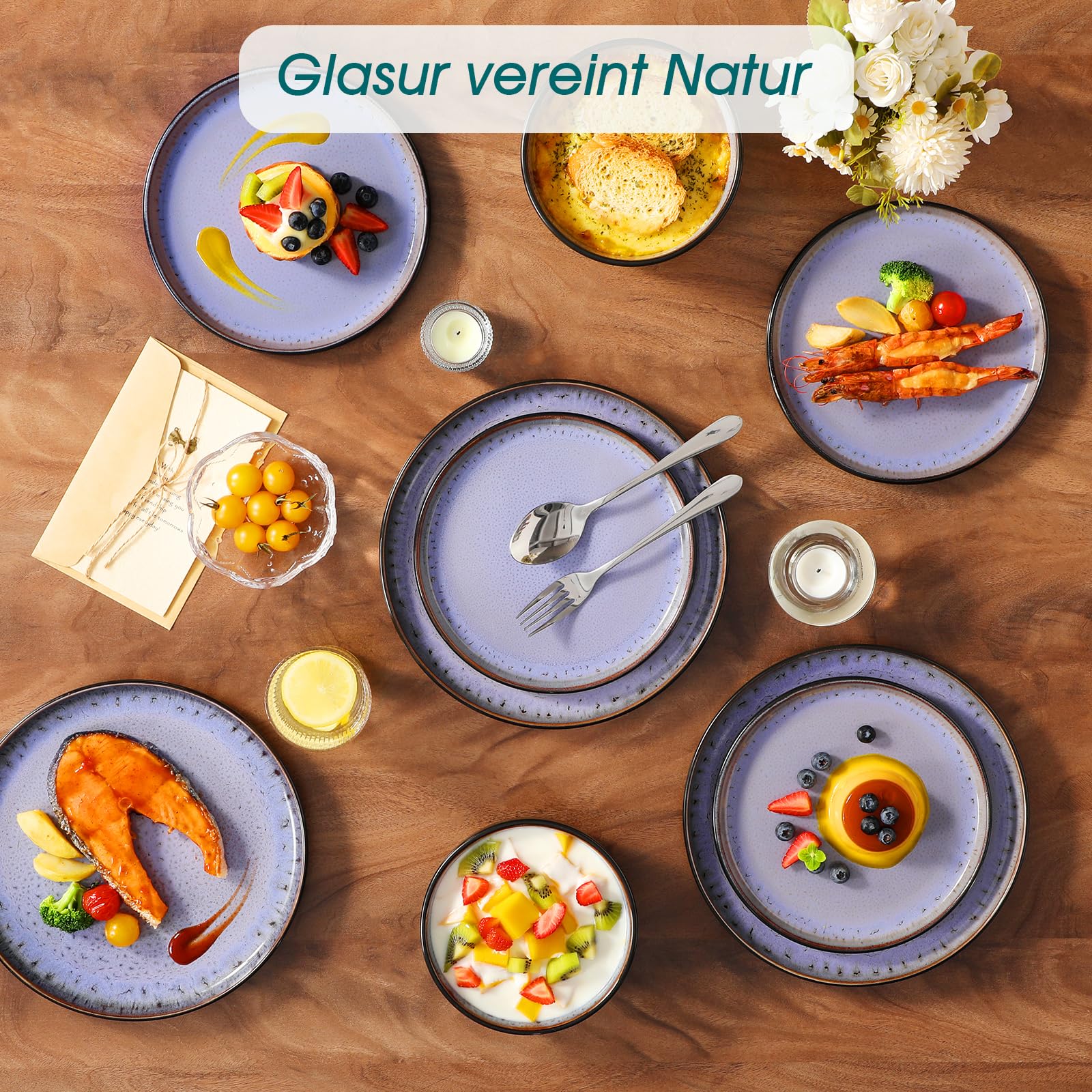 Vancasso AMBER Steingut Geschirrset 6 Personen 18tlg, Tafelservice mit Speiseteller, Dessertteller, Schüssel, Reaktive Glasur, Spülmaschinenfest, Abendviolett