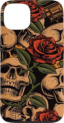 Funda con diseño de tatuajes para iPhone 13 con diseño de calavera y rosas rojas