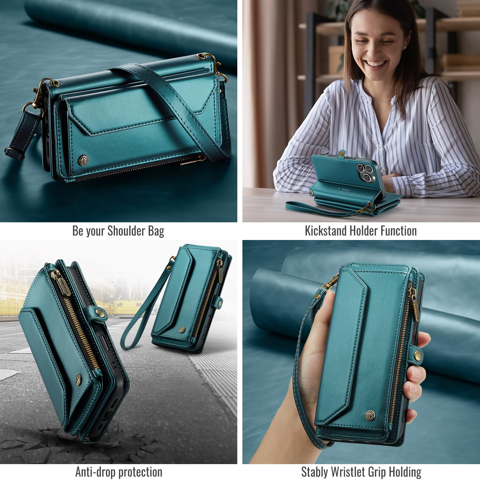 Etui portfelowe na iPhone'a 17 Pro, z 7 przegródkami na karty, blokujące RFID, magnetyczne zamknięcie, kieszeń na rachunki gotówkowe, wysokiej jakości skóra PU, z paskiem na nadgarstek