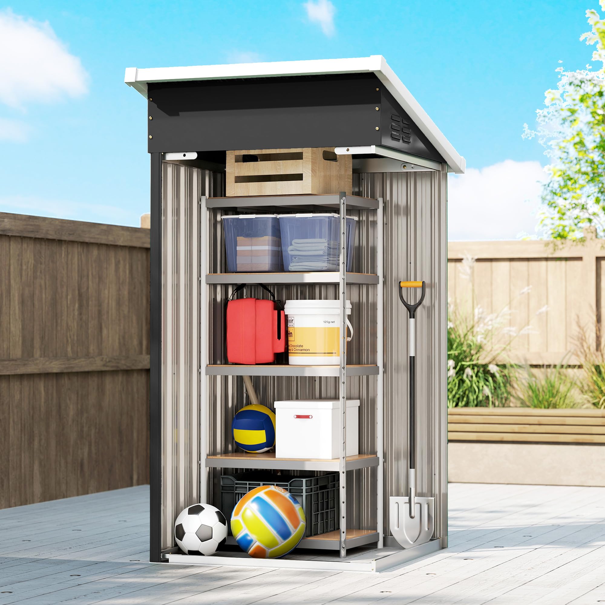 Outsunny Casetta da Giardino 0.74m² in Acciaio Zincato con Prese d'Aria, Capanno da Giardino con Porta Bloccabile, Tetto Inclinato, Guanti, Capanno Porta Attrezzi, 107.5x91x185 cm, Grigio Scuro