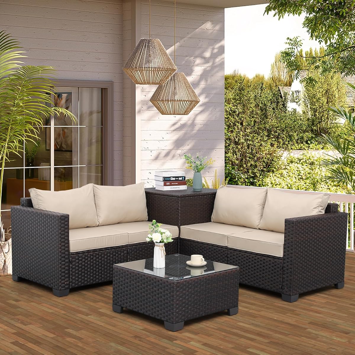 WAROOM Patio Furniture Set 4 Piece Conversation Sets Brown Rattan Outdoor Couch Loveseat Wicker Sectional Sofa with Storage Box Glass Top Table, Khaki Cushion