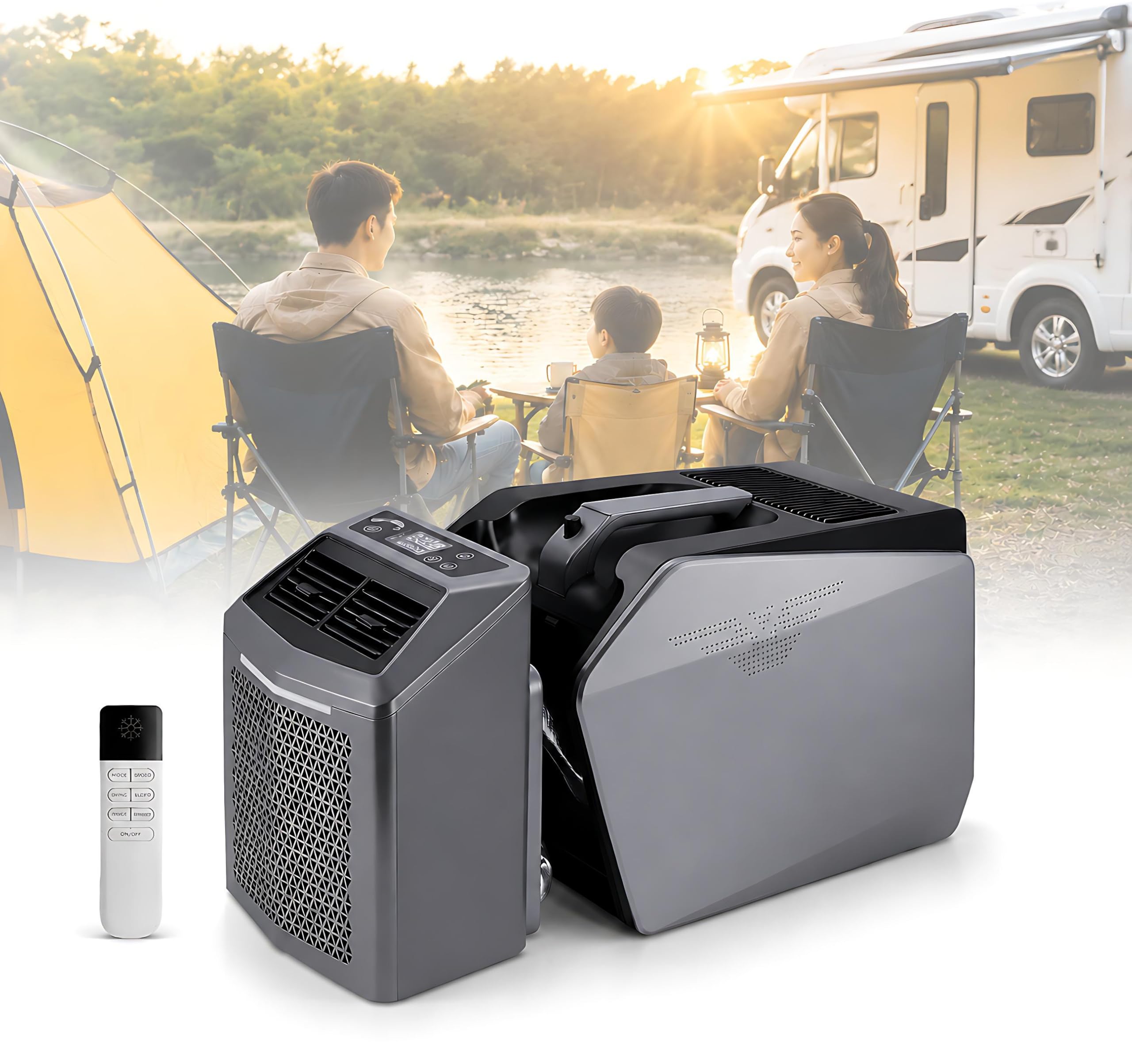 KPOUYYDS Split Device Air Conditioner, Portable Camping AC, 6200 BTU 550W, 48V DC/110V/220V AC, Ultra Quiet 4-in-1 Cooler 3 Wind Speeds Smart Display Remote, for Tent RV Truck Van Workshop 48V