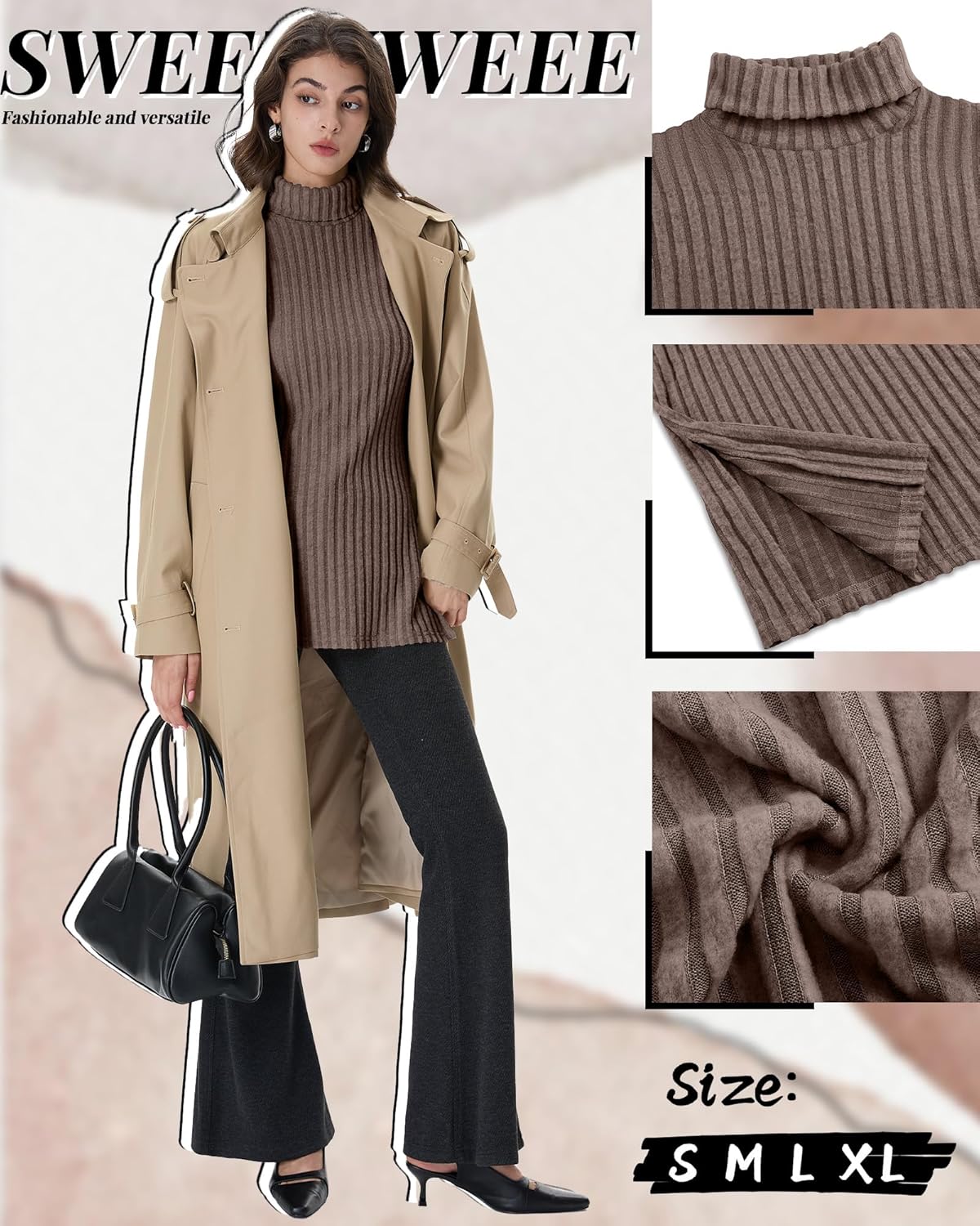 3 Pack Women's Turtleneck Sweaters, Side Split Long Sleeve Pullover, Ribbed Knit Fall Winter Tunic Top 2025(Black, Light Gray, Coffee,Large) - Image 4