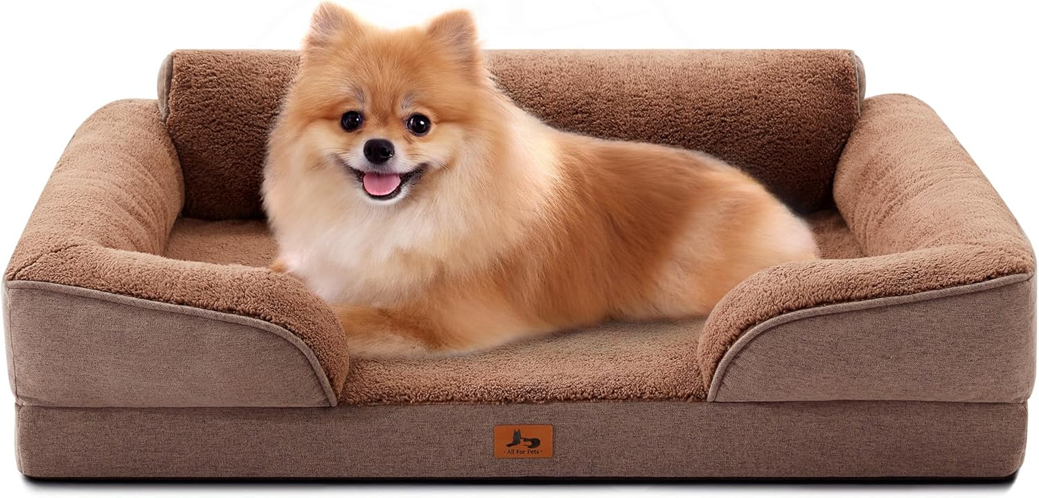 Orthopedic Dog Beds for Medium Size Dogs, Waterproof Egg-Crate Foam Pet Couch Bed with Soft Sides, Non-Slip Dog Sofa with Fleece Removable Washable Cover, 28″ L Supportive Pet Sofa, Brown