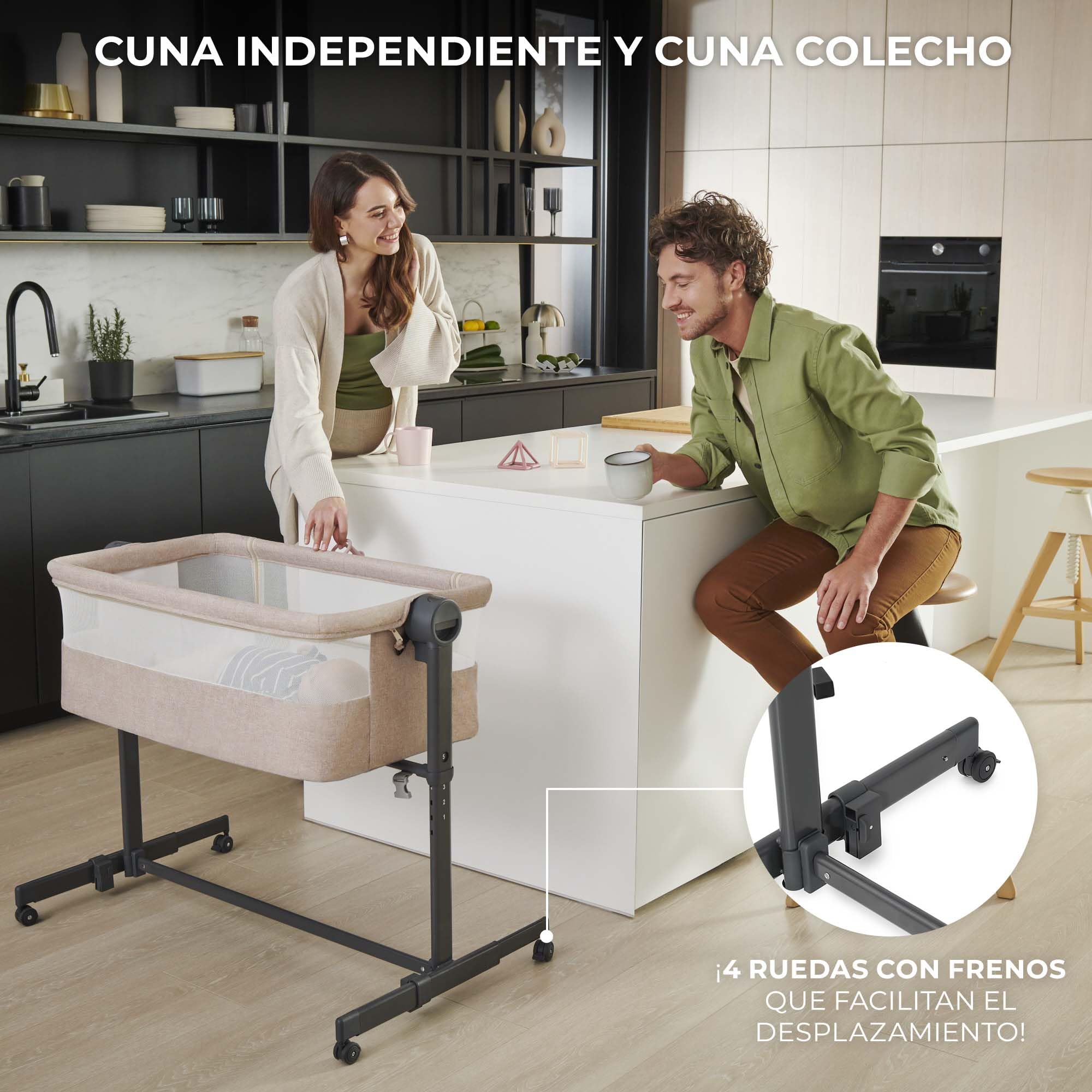 Kinderkraft Nestee UP 2 Cuna Colecho para Bebé con Colchón, Cuna de Cabecera, Fácil Ajuste de Cama de Padres, Ajuste de Altura, Buena Circulación de Aire, Ruedas transportarás, Beige