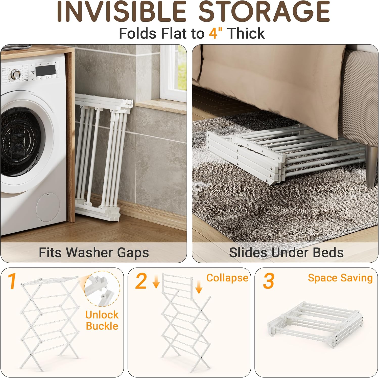 Foldable Clothes Drying Rack: Reinforced Joints 35 lbs Capacity, Rustproof Carbon Steel Adjustable Laundry Rack, Indoor Outdoor Use, Easy Setup, 17.7"-29" W x 12" D x 35.5" H, White