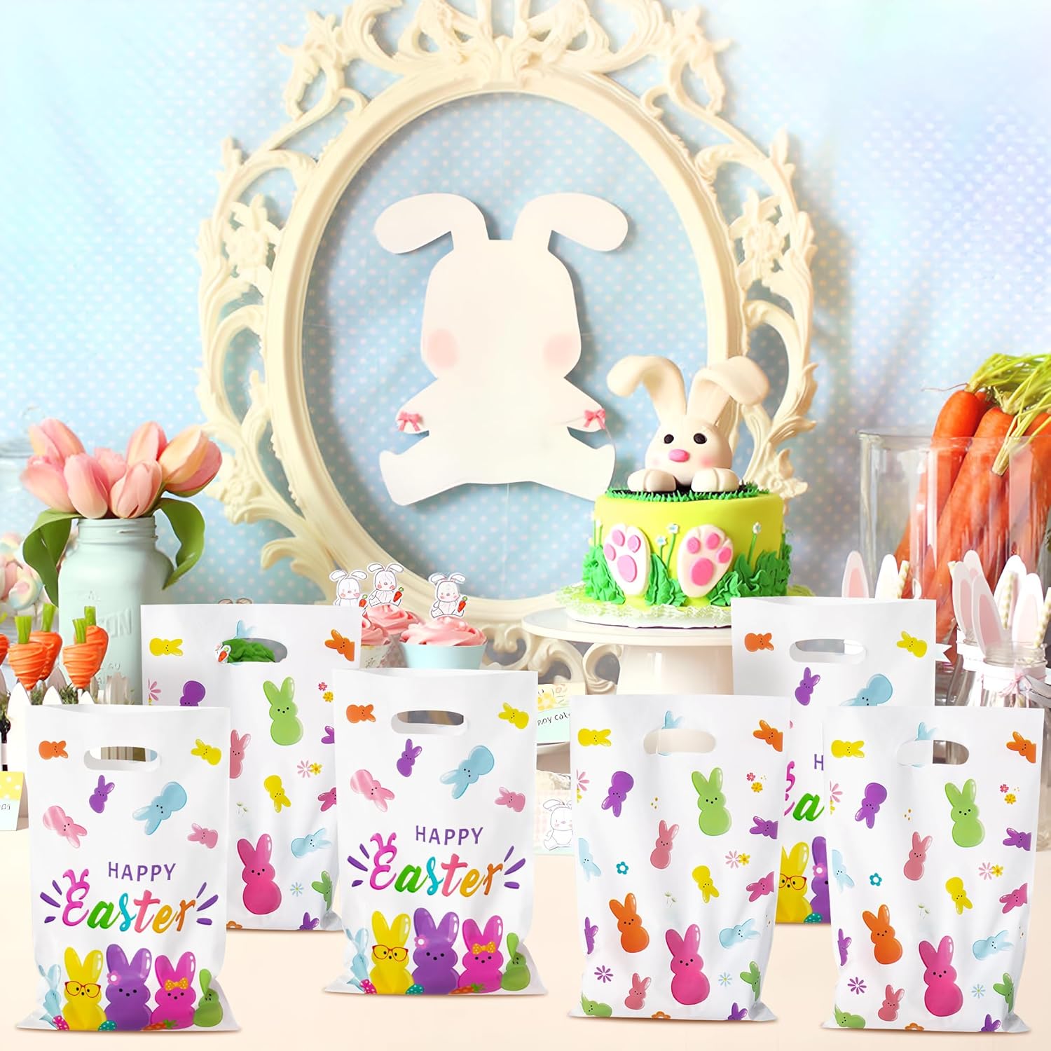50Pcs Easter Bunny Peeps Party Favor Bag - Happy Easter Rabbit Plastic Waterproof Goodie Bag with Die Cut Handles Rectangular Candy Gift Bags for Kids Festival Decoration Party Favor Supplies - Image 6