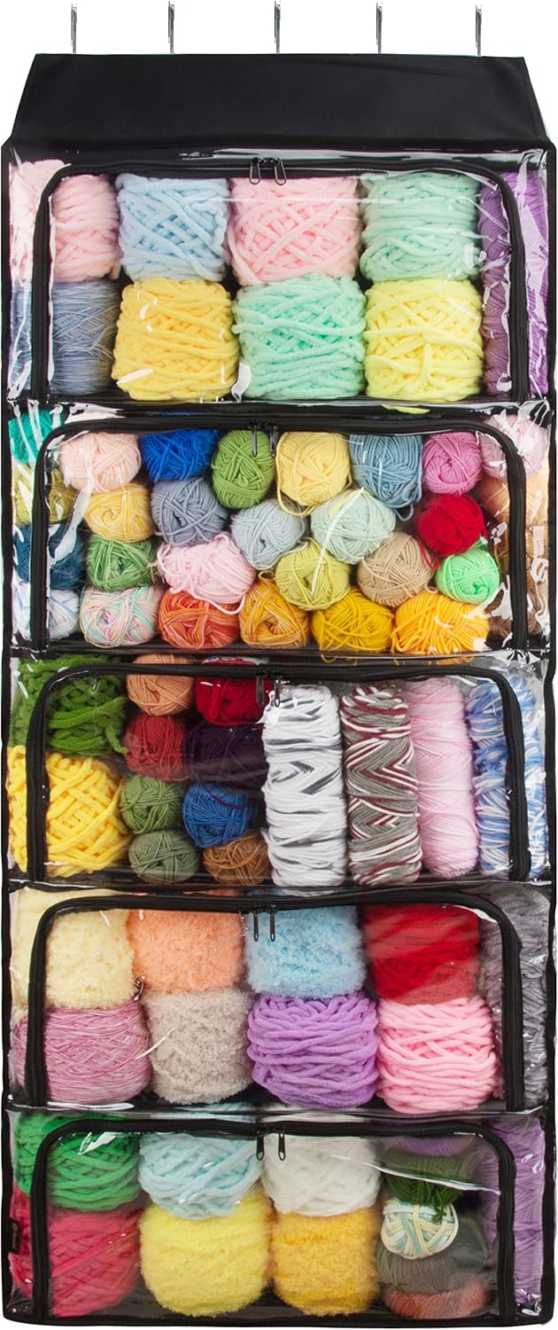 PACMAXI 5 Compartments Hanging Yarn Knitting Storage Organizer with Zipper Closure, Yarn Over Door Display Holder with 6 Clear Pockets On Side for
