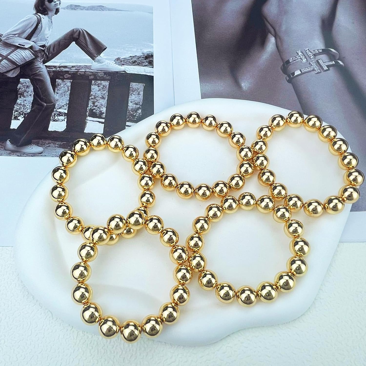 14K Gold Plated Beaded Bracelets Letter Stretch Dainty Stackable Bracelet for Women - Image 6