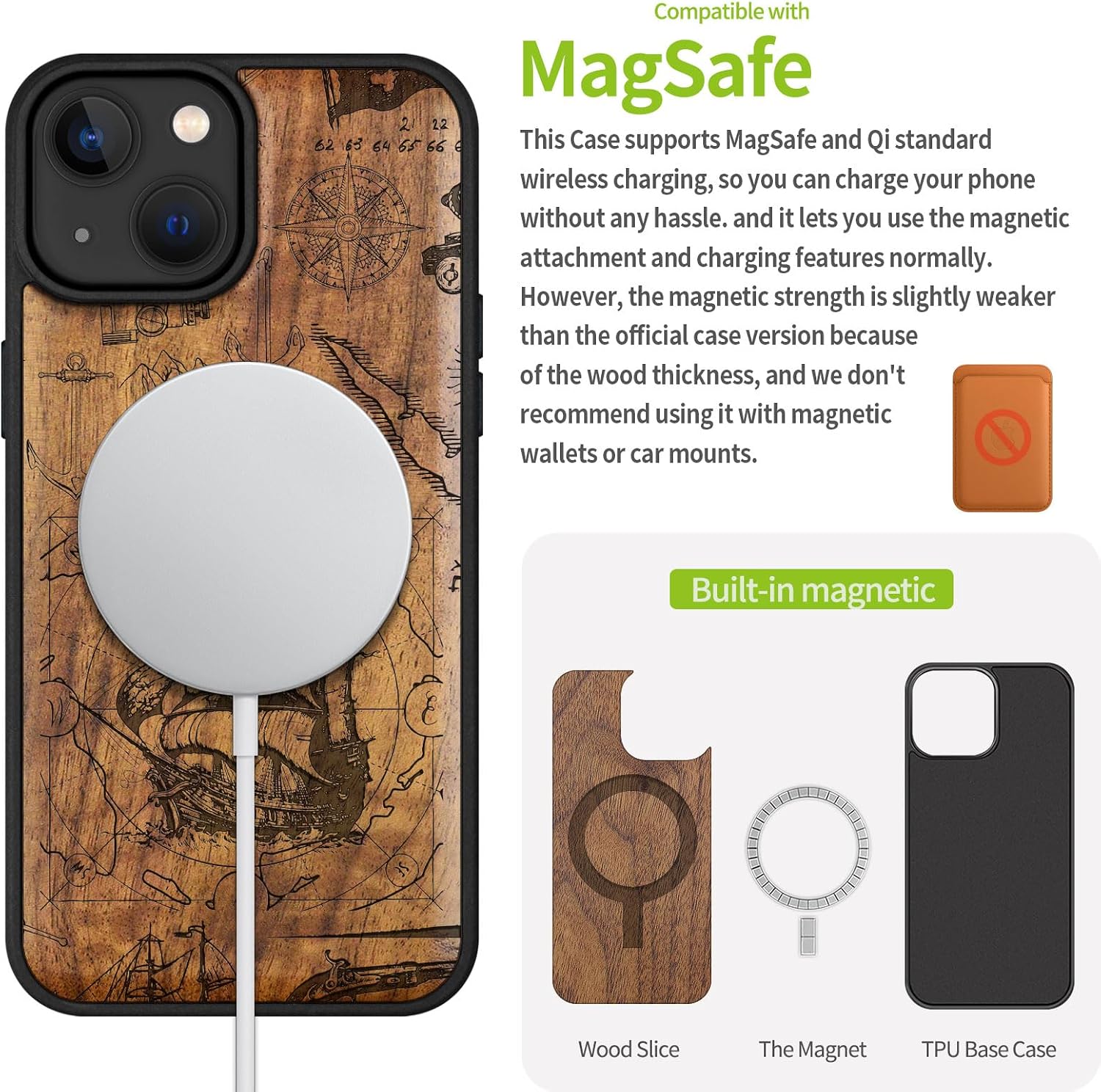 Carveit Magnetic Wood Case for iPhone 14 Case [Natural Wood & Black Soft TPU] Unique & Classy Wooden Shockproof Protective Cover Compatible with magsafe (Vintage Pirate Ship -Walnut)