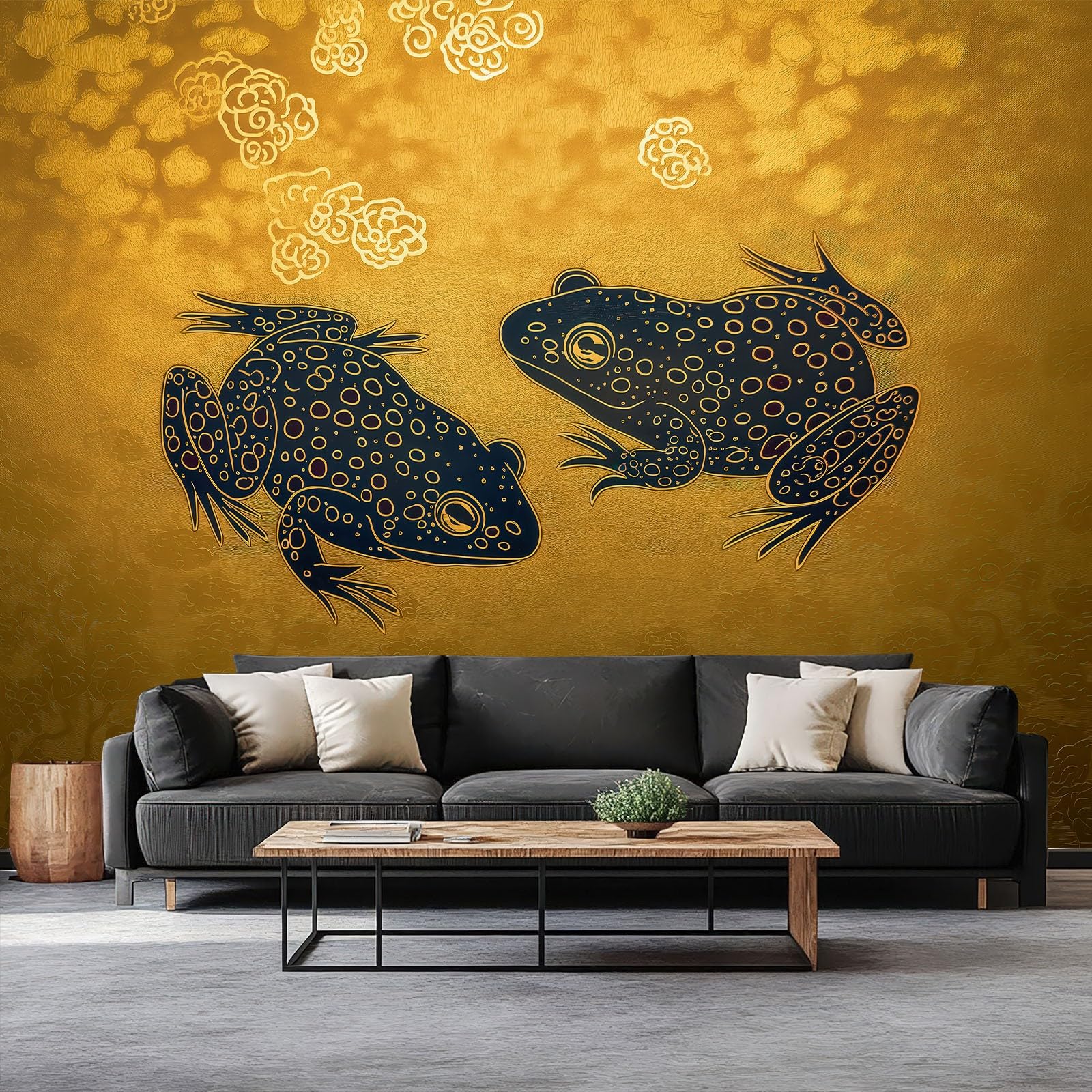 Japoński obraz, walczące żaby, mural, żółta, wysokiej jakości flizelina, fototapeta do pokoju dziecięcego i pokoju gier, tło - 250 x 175 cm