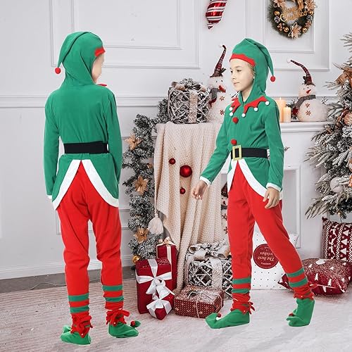 Miniatura 3 de Disfraz de elfo de Navidad, disfraz de elfo verde para niños y niñas, cosplay, fiesta familiar de Navidad con gafas y cinturón