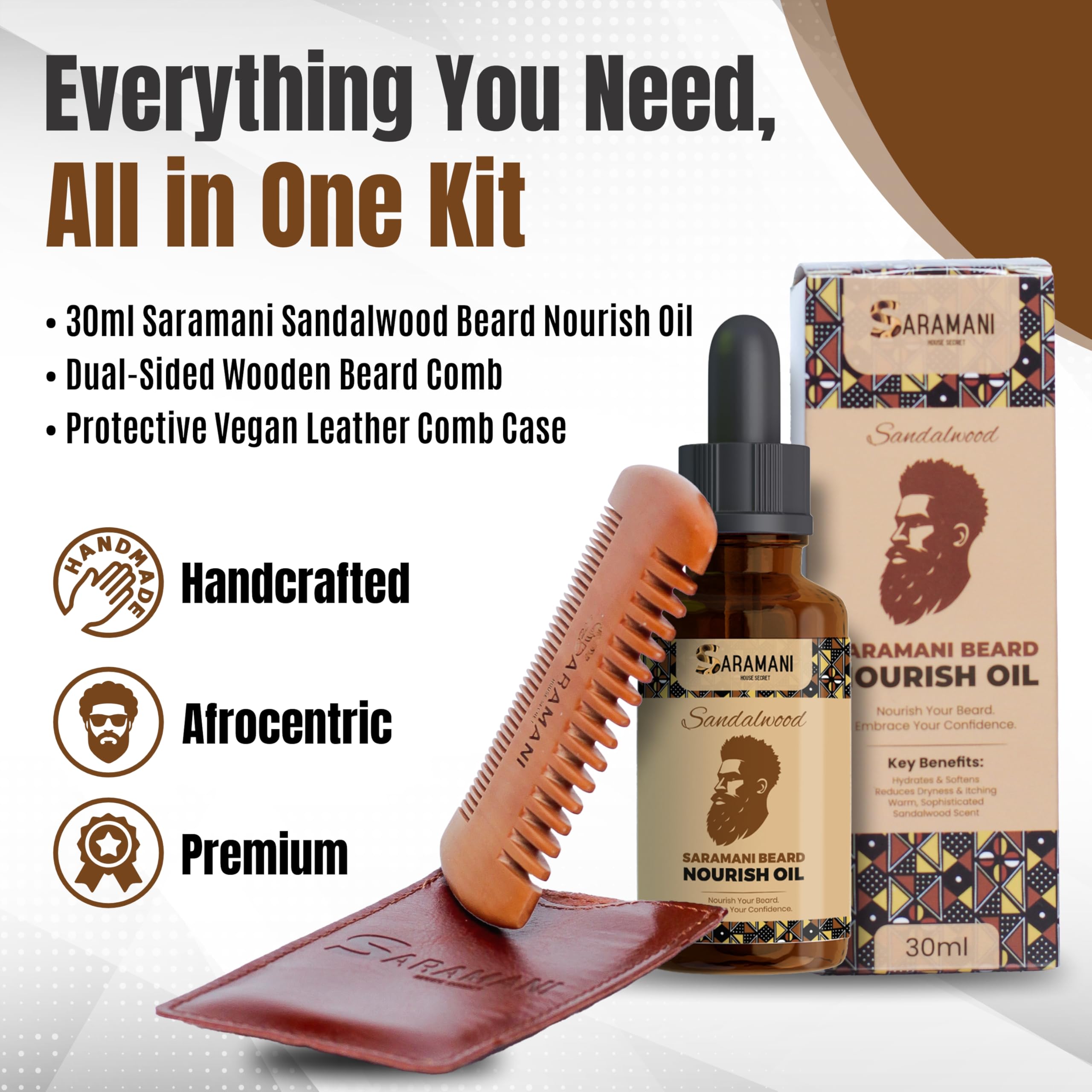 Saramani Beard Grooming Kit for Men – 30ml Sandalwood Beard Oil + Wooden Beard Comb with Vegan Leather Case – Natural Beard Care for Growth, Softening & Conditioning