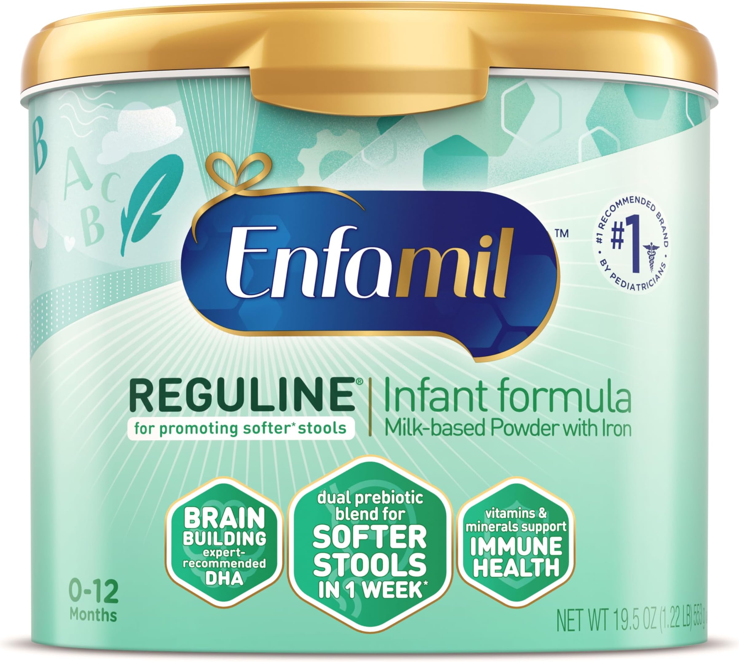 Enfamil Reguline Baby Formula, Designed for Soft, Comfortable Stools, with Omega-3 DHA & Probiotics for Immune Support, Reusable Powder Tub, 19.5 Oz