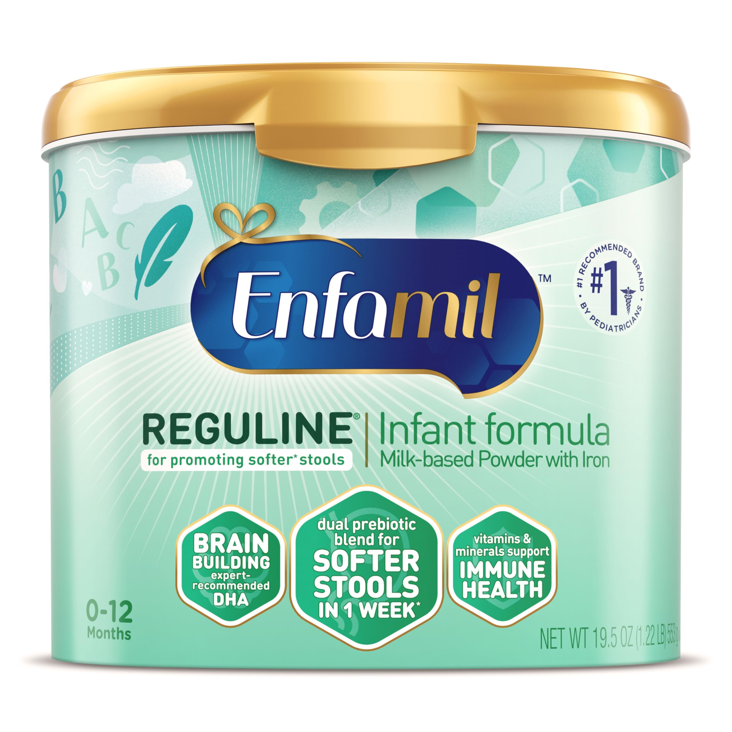 Enfamil Reguline Baby Formula, Milk-Based Infant Nutrition, Dual Prebiotics for Soft, Comfortable Stools within 1 Week of Use, Omega-3 DHA for Immune Support, Reusable Powder Tub, 19.5 Oz​