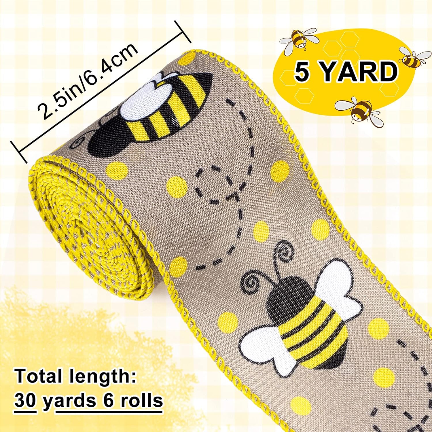 Whaline 30 Yard Summer Bumble Bee Fabric Burlap Ribbons 6 Design Yellow Black Dots Plaid Strip Wired Edge Ribbon Fabric Craft Decorative Ribbon for Gift Wrapping Birthday Party Decor Hair Bow Sewing