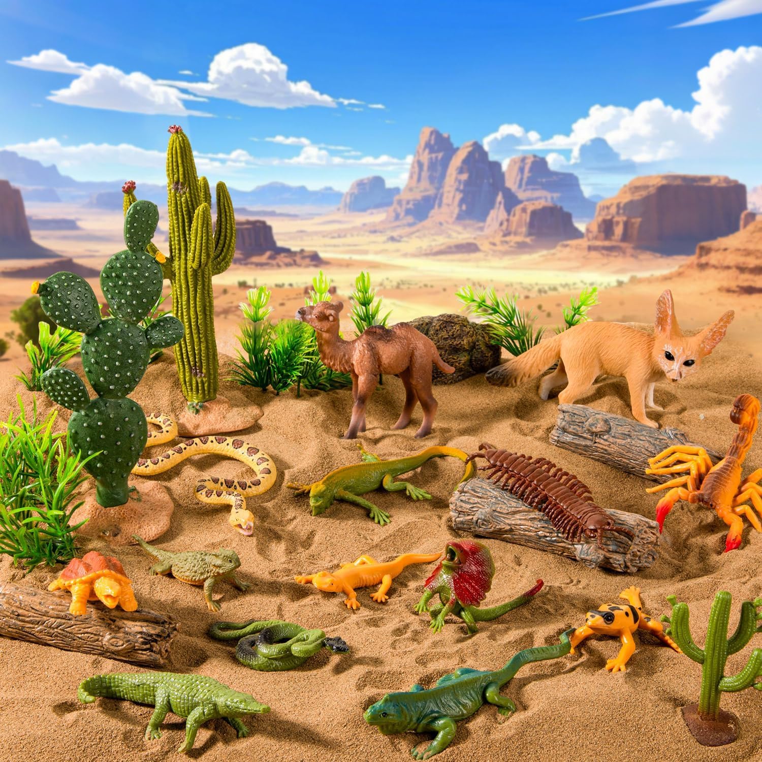 LSLYHTC 32Pcs Desert Animals Figures Playset, Realistic Plastic Animal Figurines with Cactus Toy, Mini Figures for Kids Play, Desert Diorama Kit Supplies, Educational Reptile Toys Cake Toppers