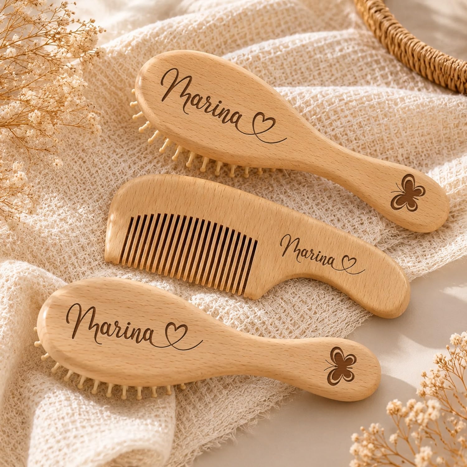 Custom Engraved Name Wooden Baby Brush And Comb Set For Newborns, Personalized Baby Shower Keepsake Gift, Soft Goat Bristle Hairbrush For Toddler Boys & Girls