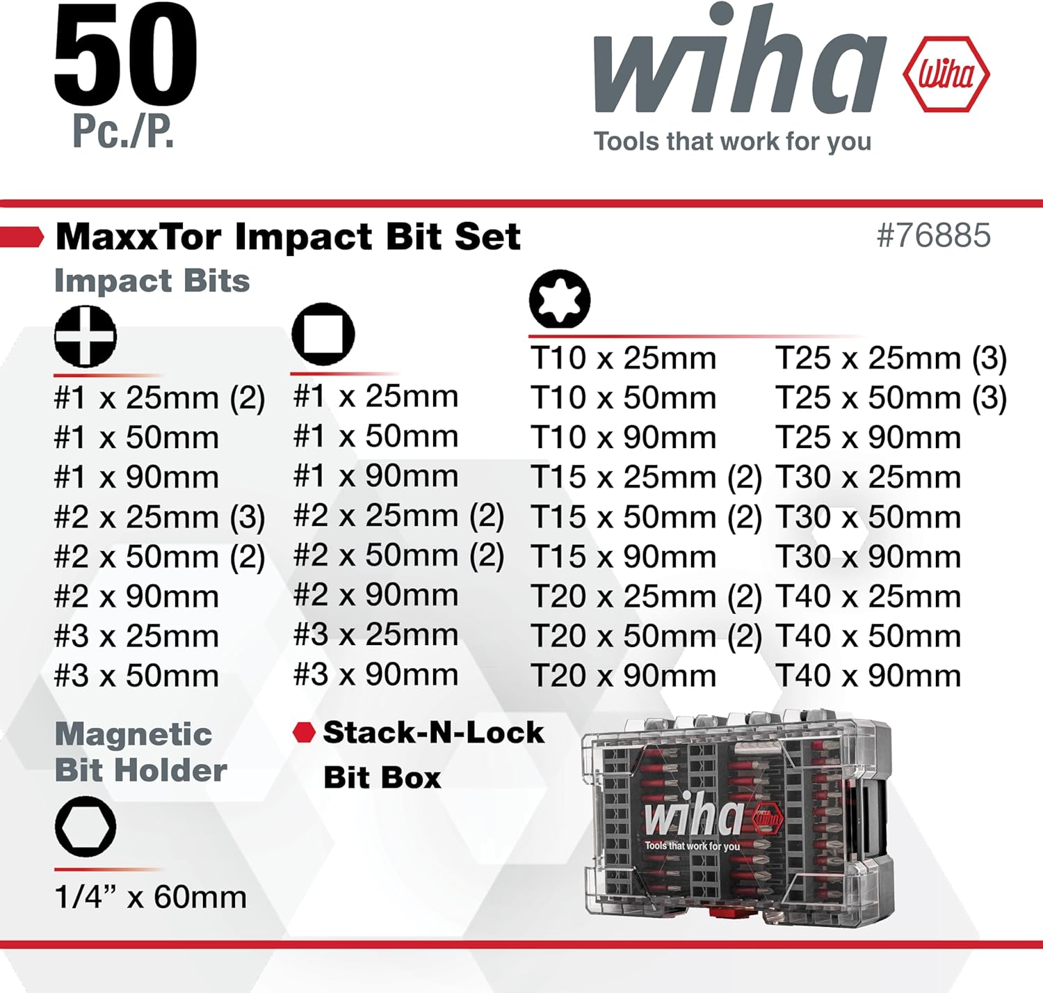 Wiha 76885 50 Piece MaxxTor Impact Bit Set