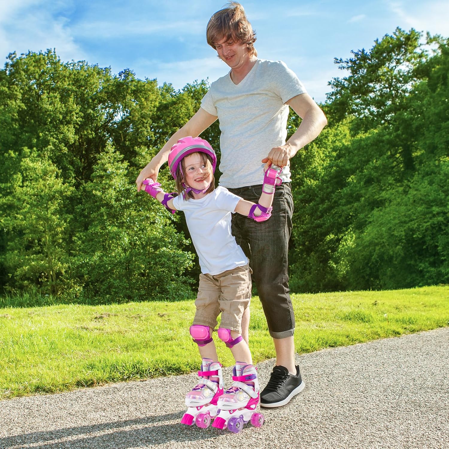 BABY JOY Roller Skates, 4 Sizes Adjustable Quad Skates for Girls Teens Adults 5-8 8-13 13+ with Light-up Wheels & Safety Protection, Fun Illuminating Birthday Gifts for Indoor Outdoor Sports