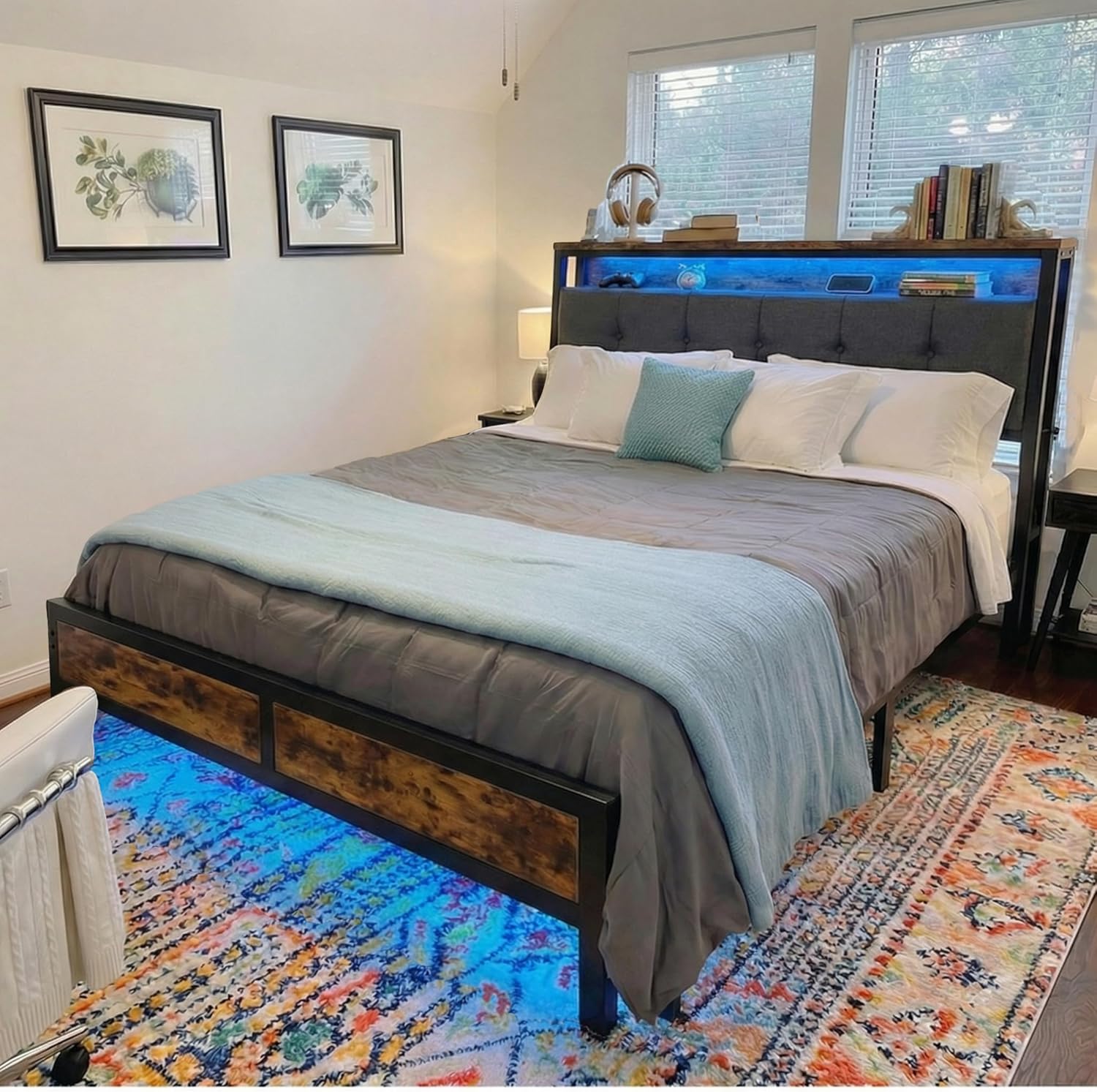 Homkdom King Bed Frame with Charging Station and LED Lights, Grey Upholstered Headboard with 2-Tier Storage Shelves,12" Under-Bed Storage, No Sliding, Noiseless, 1100LBS,76.2W*88L*40H