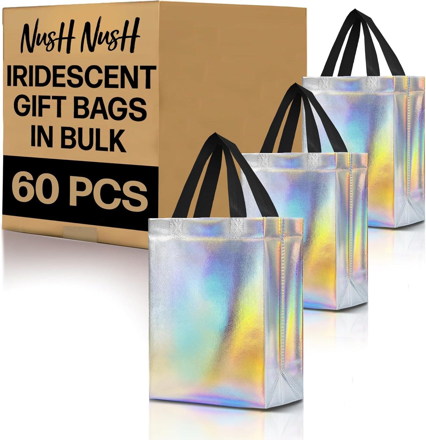 Nush Nush Set of 60 Iridescent Gift Bags in Bulk  Stunning Holographic Silver Bulk Gift Bags with Handles - Ideal Reusable Party Favor Bags for Small Business, Bachelorette Party Favors - 8Wx4Dx10H