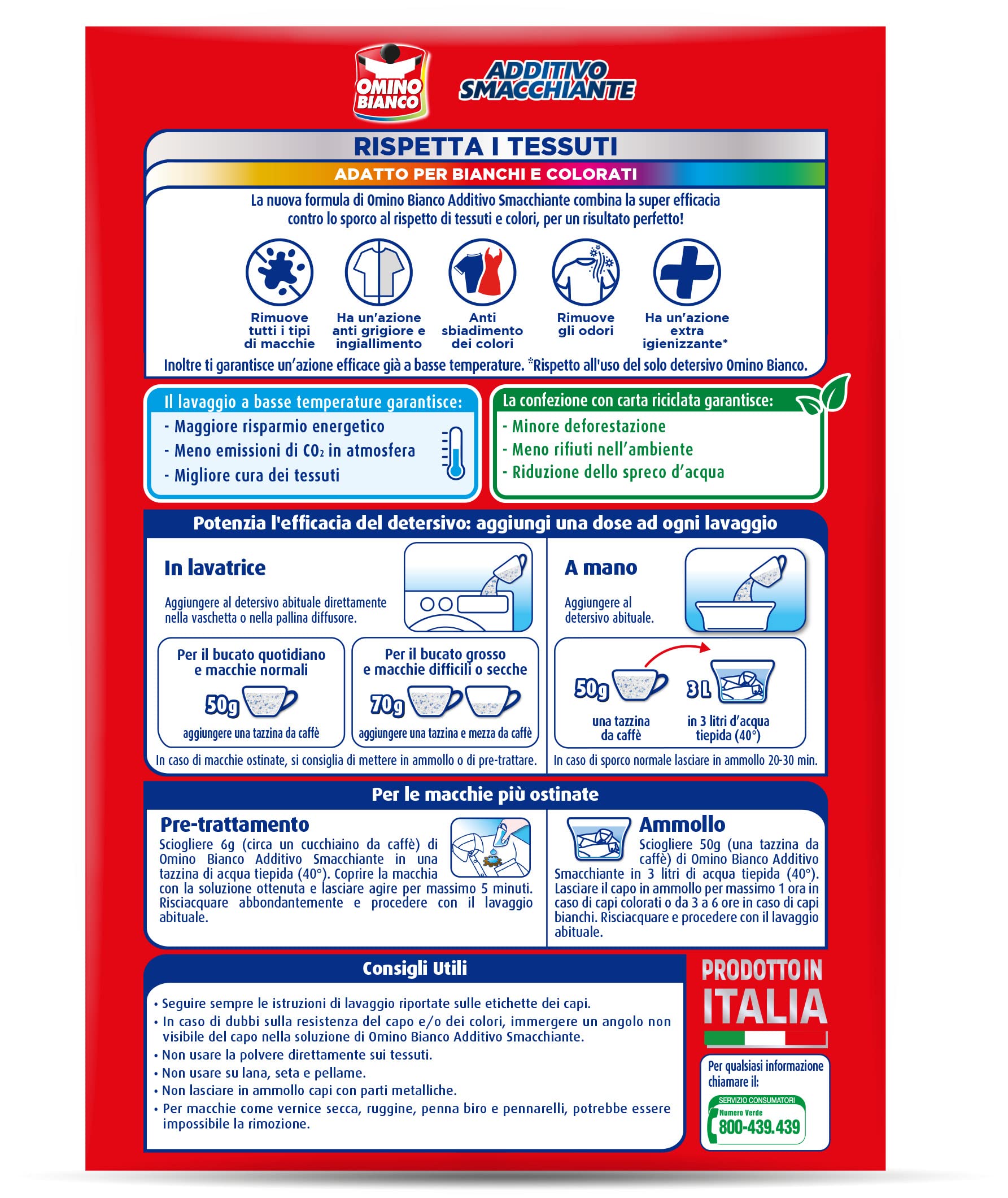 Omino Bianco - Additivo Lavatrice Totale in Polvere 5 Azioni in 1 per Bucato, Azione Smacchiante e Igienizzante, 500 g x14