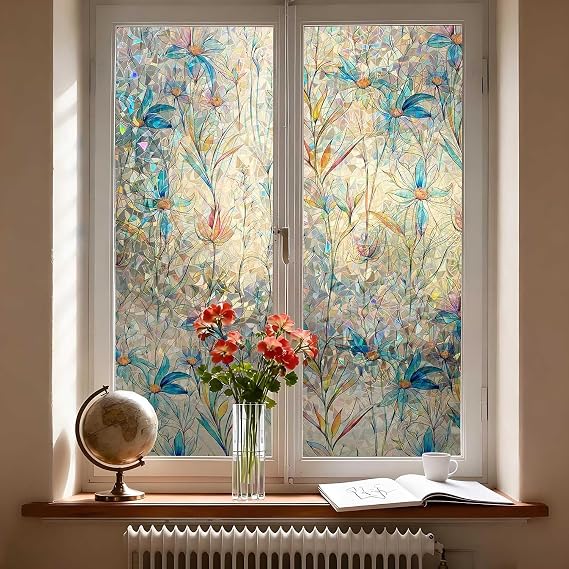 Stained Glass Window Privacy Film,Frosted Anti Glare Rainbow 3D Flower Stickers,UV,Heat Blocking,Static Cling,Non-Adhesive Vinyl Films,Coloured Window Film for Bathroom,Kitchen,Office,30x100cm