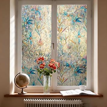 Stained Glass Window Privacy Film,Frosted Anti Glare Rainbow 3D Flower Stickers,UV,Heat Blocking,Static Cling,Non-Adhesive Vinyl Films,Coloured Window Film for Bathroom,Kitchen,Office,30x100cm
