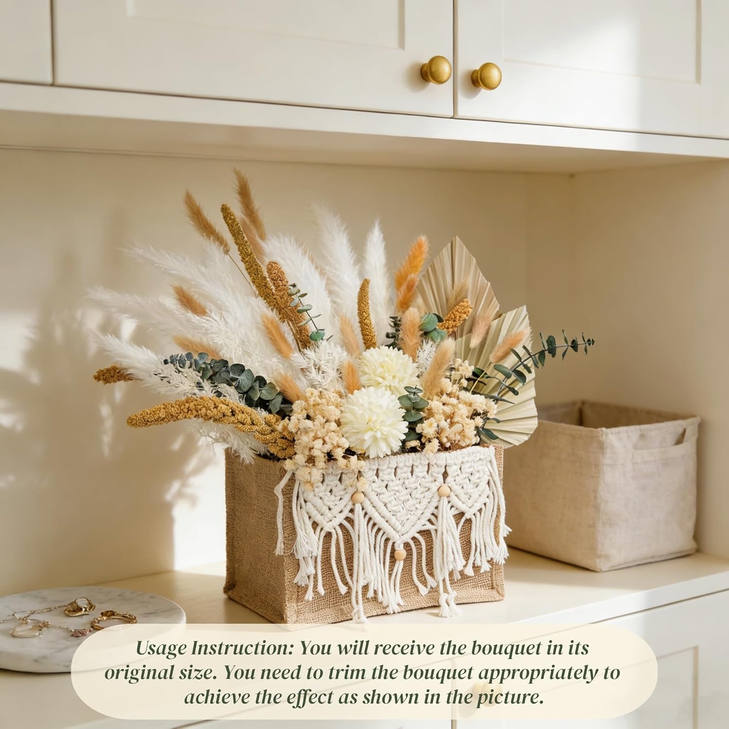 Boho Dried Flowers Decor with Crochet Basket Real Natural 8Kinds Pampas Grass Eucalyptus Leaves Artificial Mums for DIY Crafts Bohemia Indoor Home Wedding Tables Centerpieces Floral Arrangements