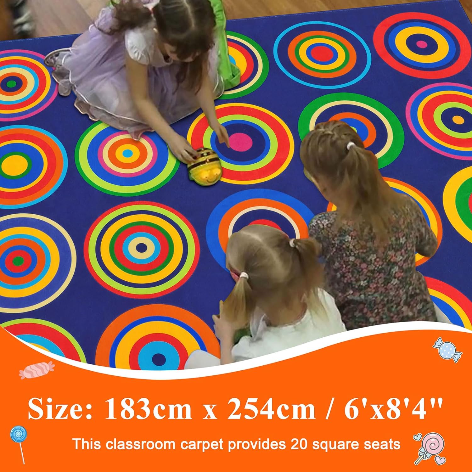 Large Classroom Rug Colorful Sit Spots Kids Rugs for Preschool Non Slip Floor Carpet Fun Playmat for Daycares Playroom Elementary Nursery Decor, Seats 20, 6'X8'4", Blue