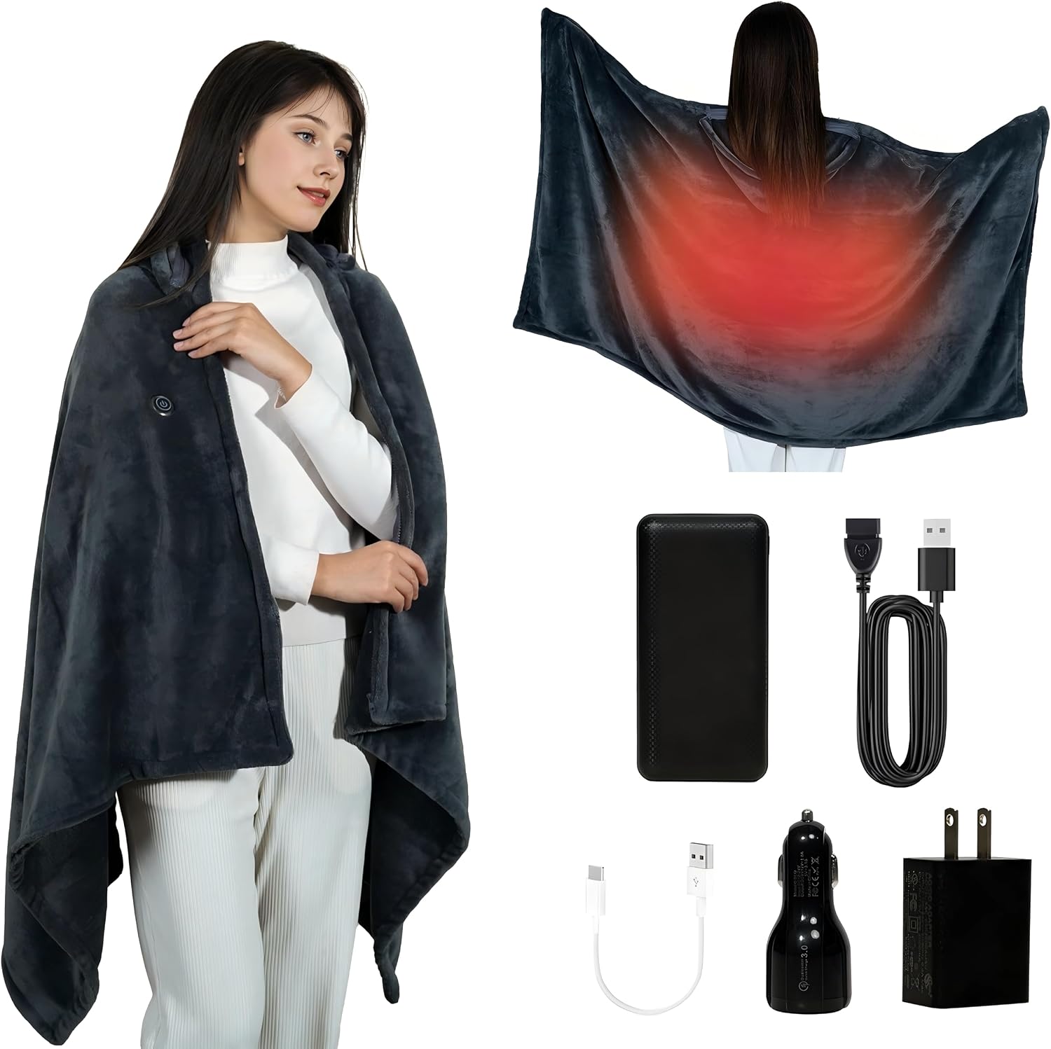 Cordless Heated Blanket Battery Powered; USB Wearable Portab