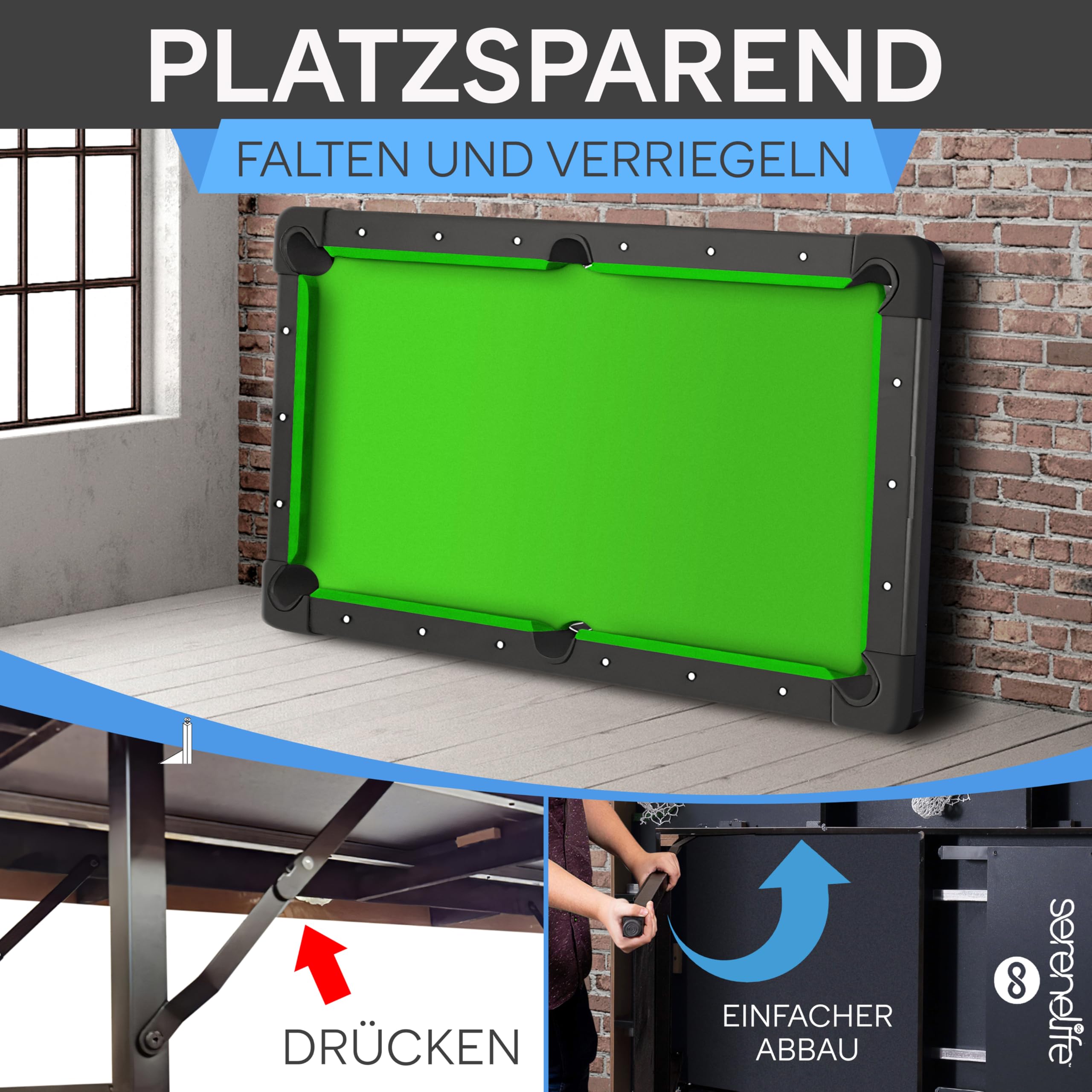 SereneLife 6-Fuß Klapp-Pooltisch – Tragbarer Billardtisch – Inklusive 2 Queues, vollständigem Ballset, Kreide, Bürste – Klappbarer Pooltisch für Kinder und Erwachsene