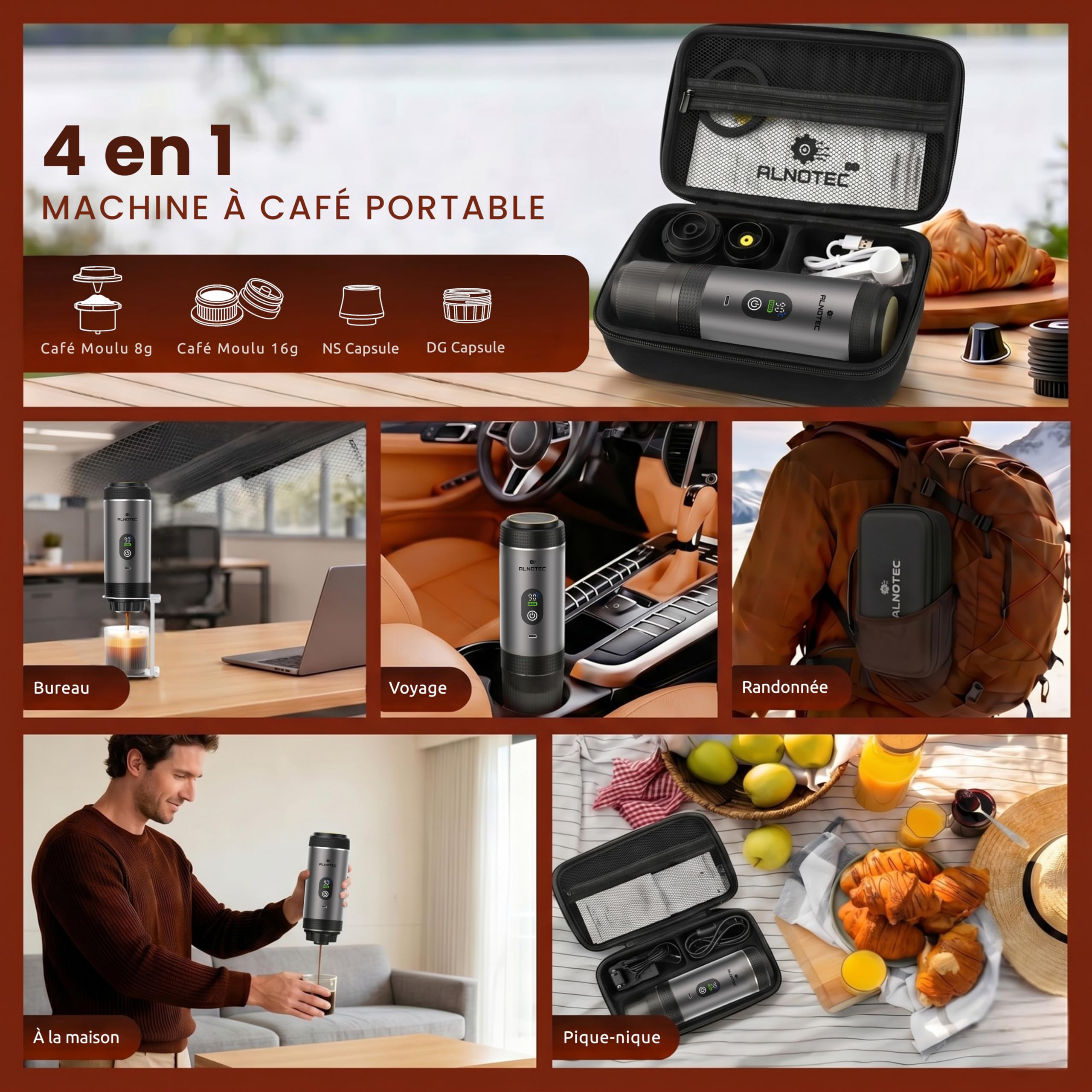Machine à Café Portable Électrique 20 Bar Auto-Chauffante – 3 EN 1 Compatible Capsules NES®, DG® et Café Moulu – 2 Adaptateurs Café Moulu 8g et 16g – LED – USB-C (GRIS, + sac et support)