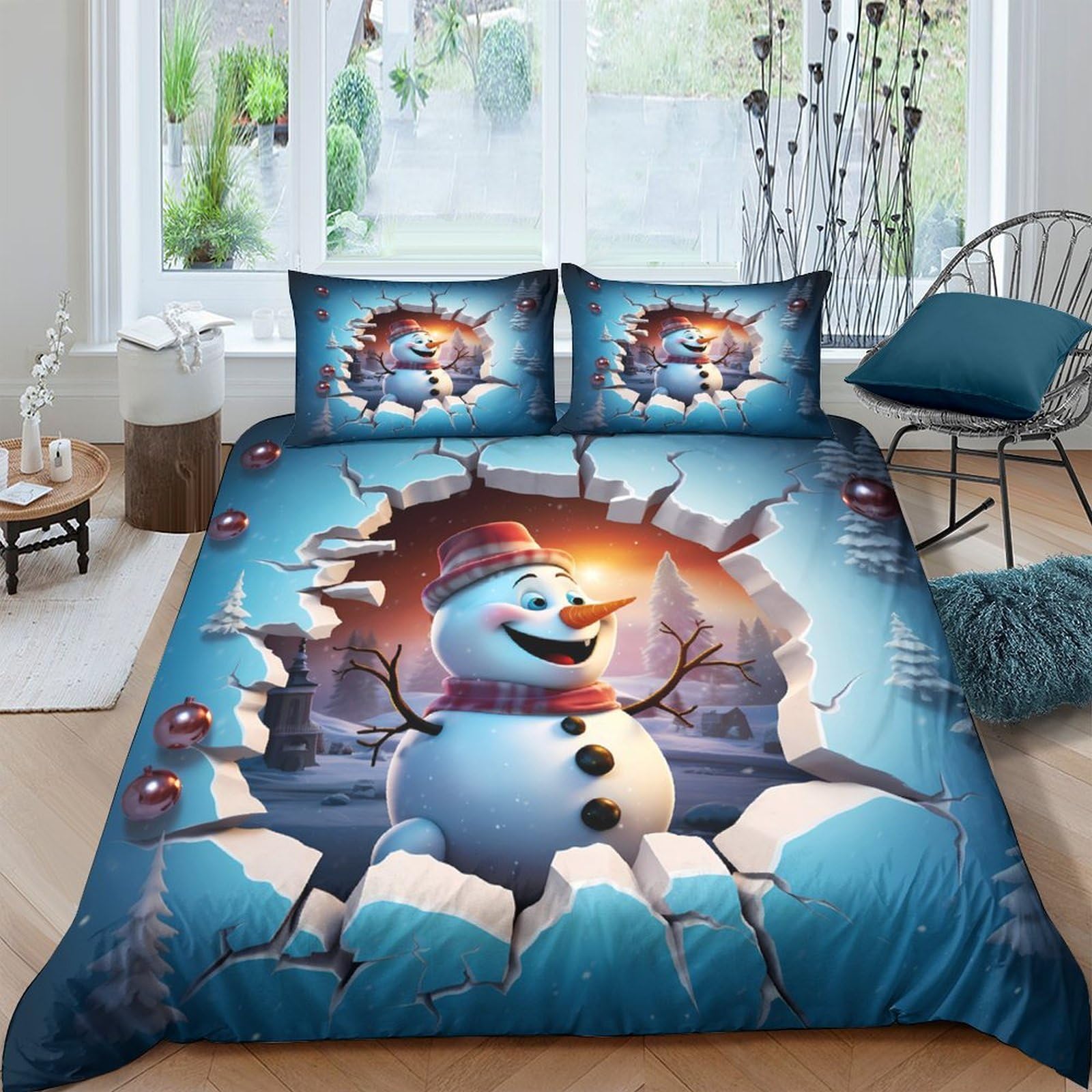 Ctjqhvkz Style-3 3D Printed Snowman Winter Scene Fitted Sheet Microfiber Soft Blue Christmas Snow Landscape Mattress Cover For Bedroom Dorm Decor Single（135X200cm）