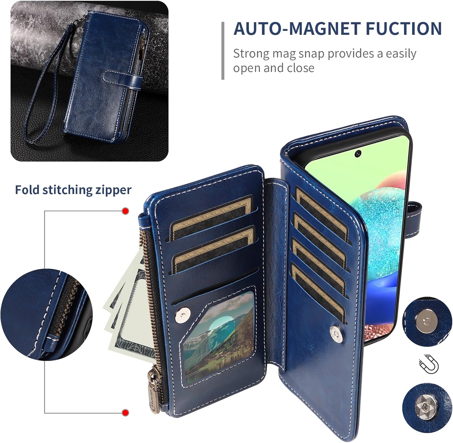Asuwish Phone Case for Samsung Galaxy A71 5G Cover with Tempered Glass Screen Protector and Lanyard Zipper Wallet Card Holder Slot Stand Mobile Flip Cell Accessories A 71 G5 71A S71 Women Men Blue